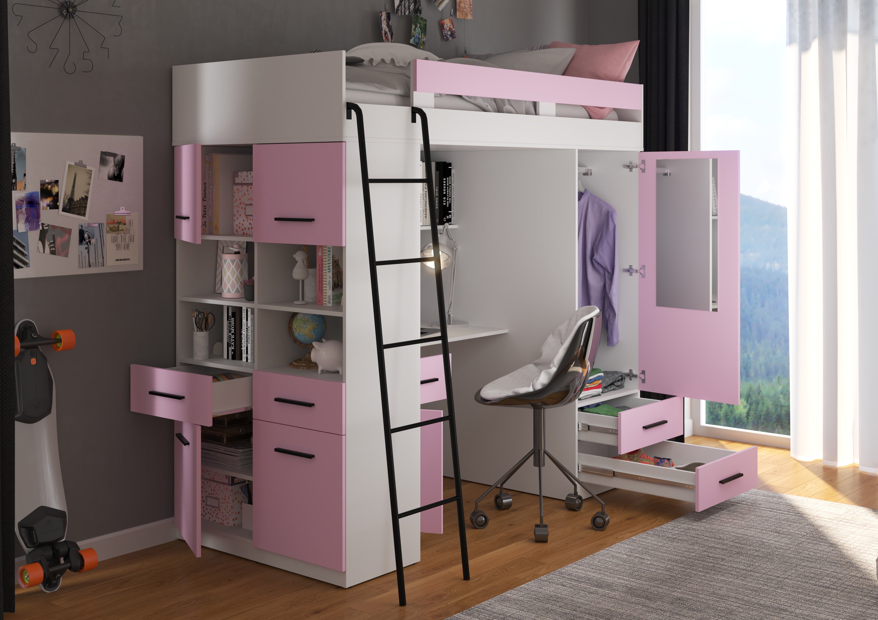 Etagenbett LEV-L mit Leiter links, Kleiderschrank, Schreibtisch und viele Regale