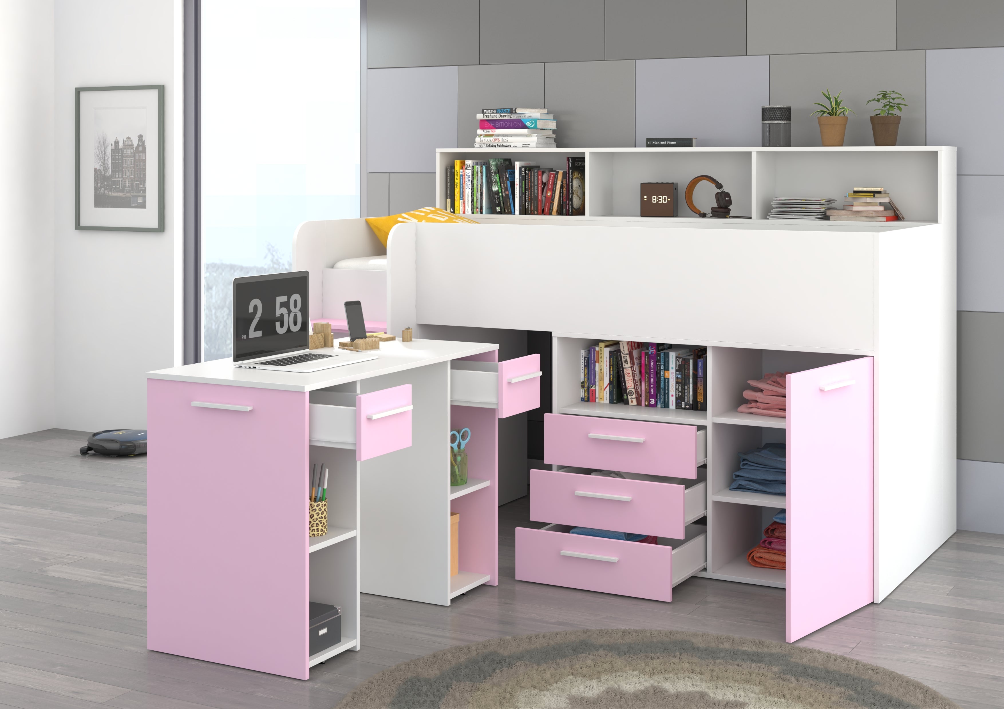 Etagenbett NE-L mit Treppe links, Ausziehbarer Schreibtisch und Doppel Schrank