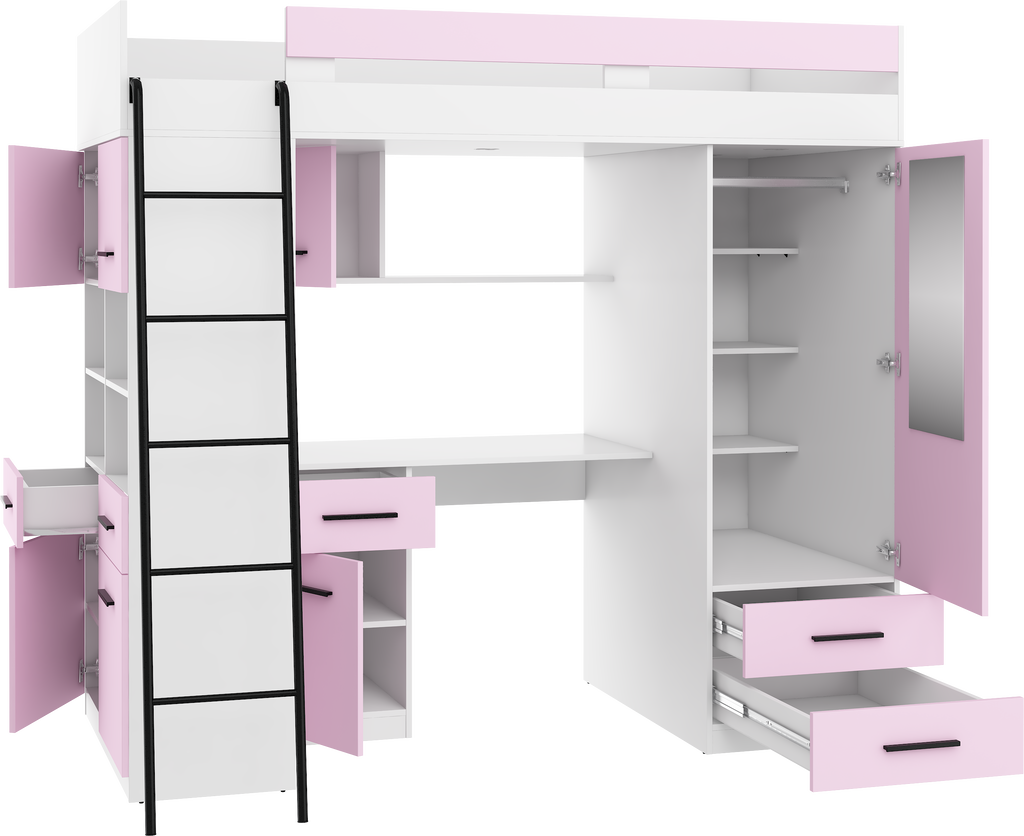 Etagenbett LEV-L mit Leiter links, Kleiderschrank, Schreibtisch und viele Regale