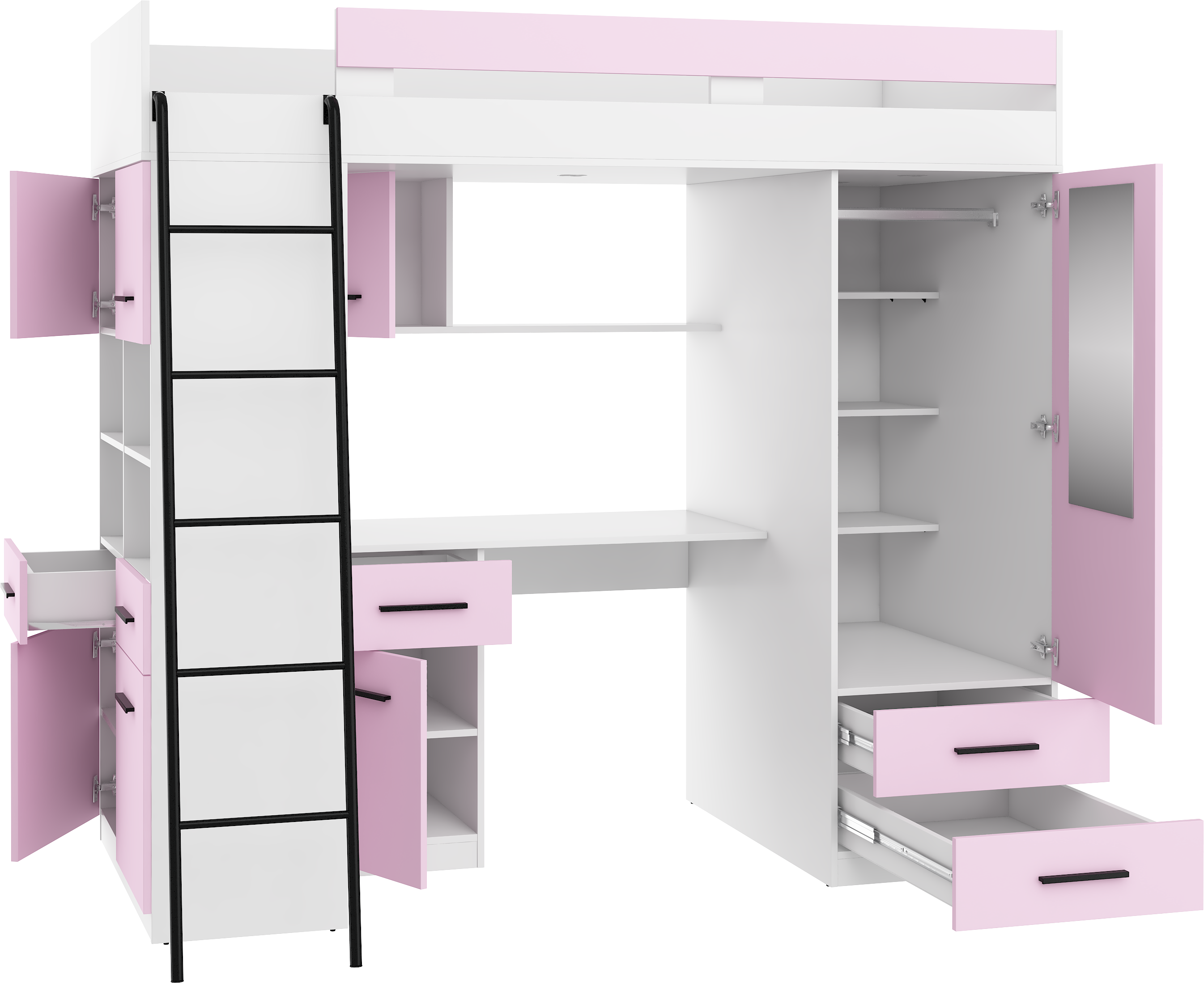 Etagenbett LEV-L mit Leiter links, Kleiderschrank, Schreibtisch und viele Regale