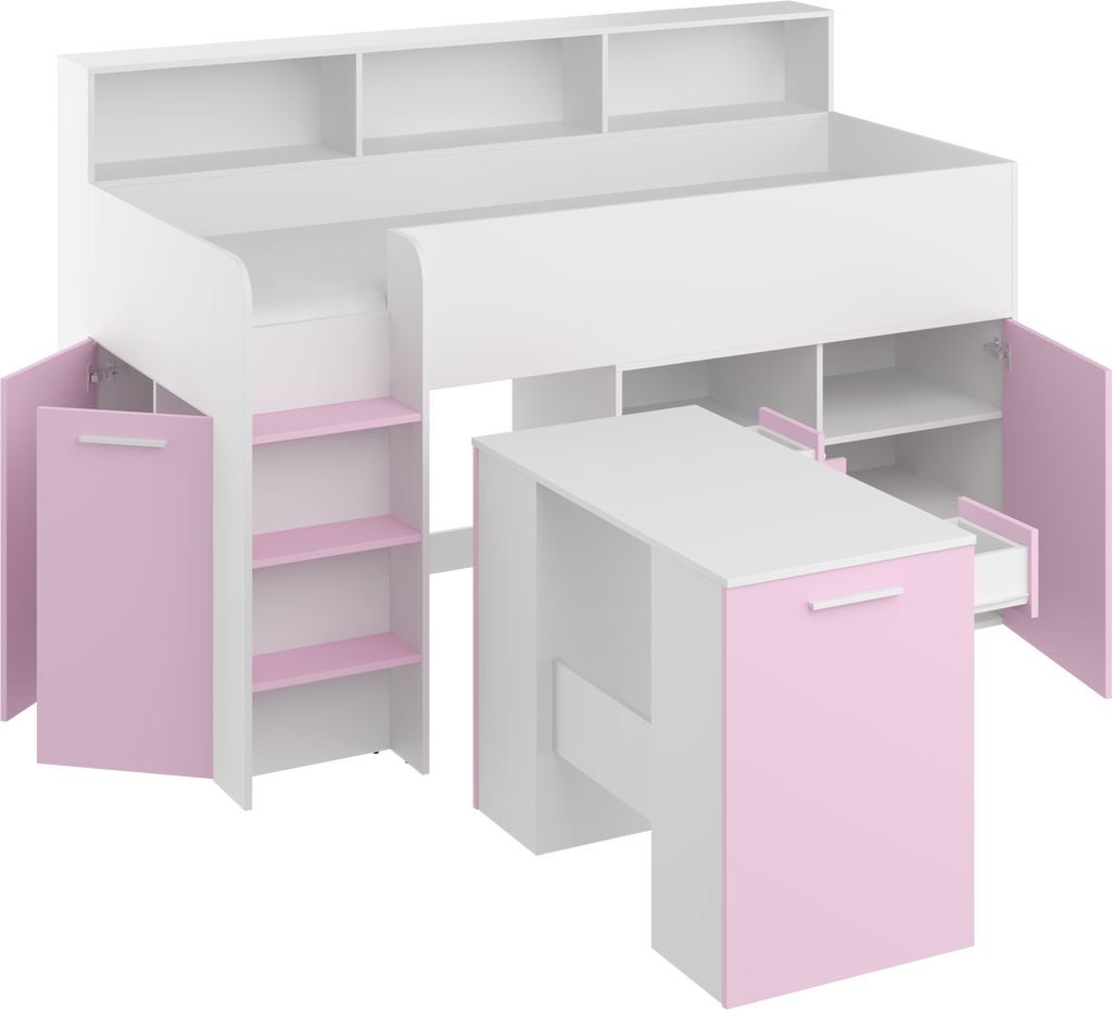 Etagenbett NE-L mit Treppe links, Ausziehbarer Schreibtisch und Doppel Schrank