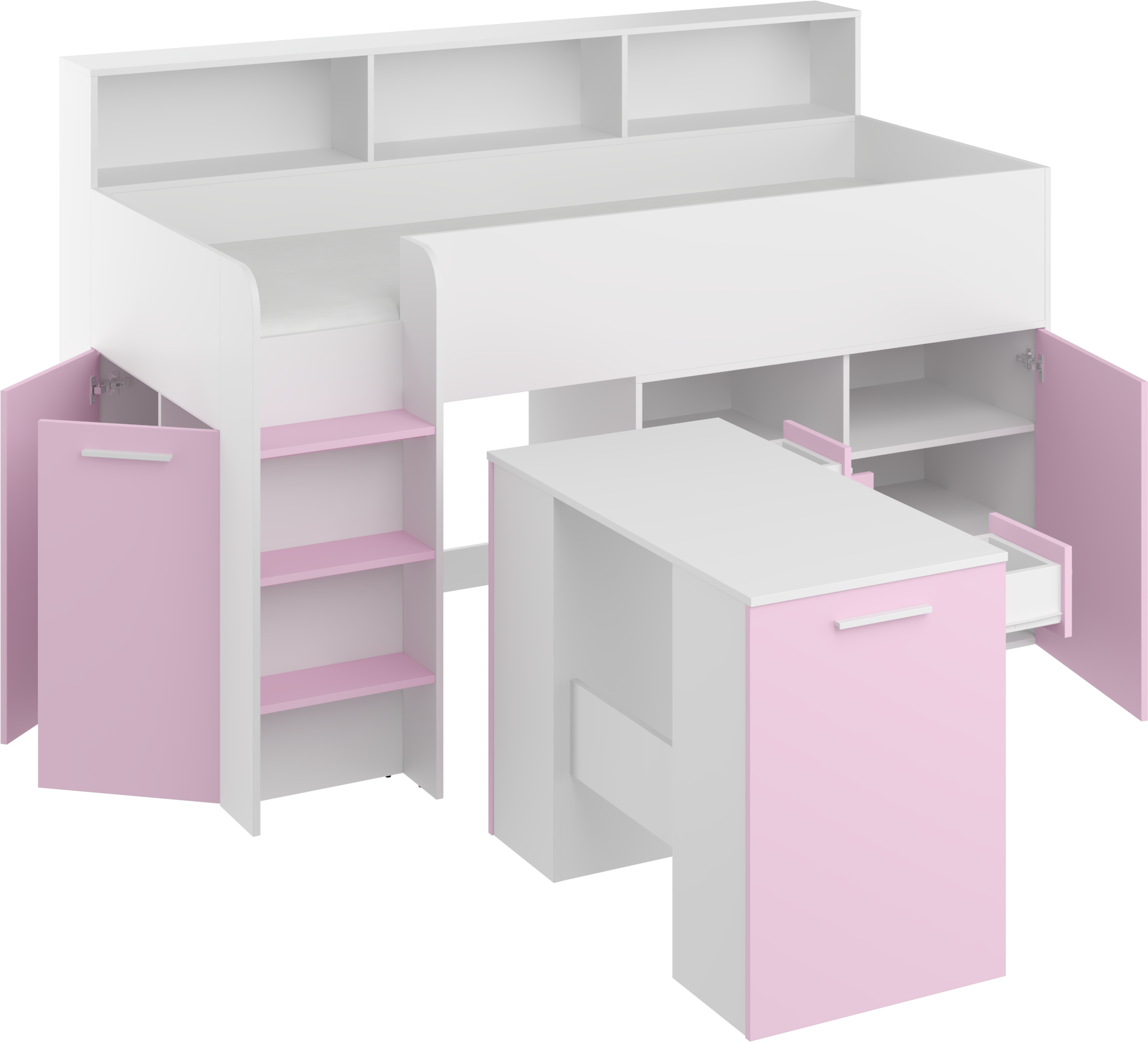 Etagenbett NE-L mit Treppe links, Ausziehbarer Schreibtisch und Doppel Schrank