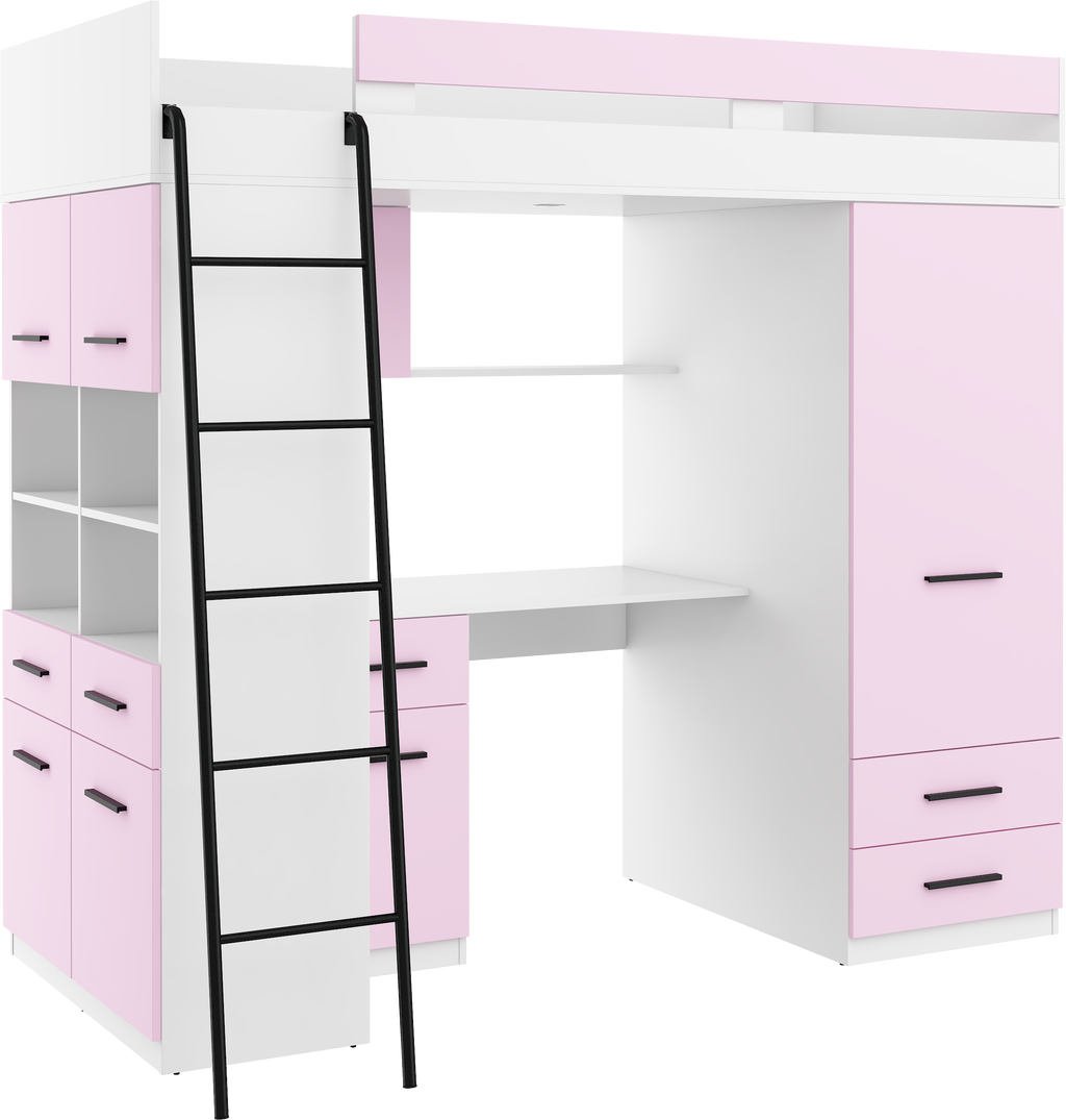 Etagenbett LEV-L mit Leiter links, Kleiderschrank, Schreibtisch und viele Regale
