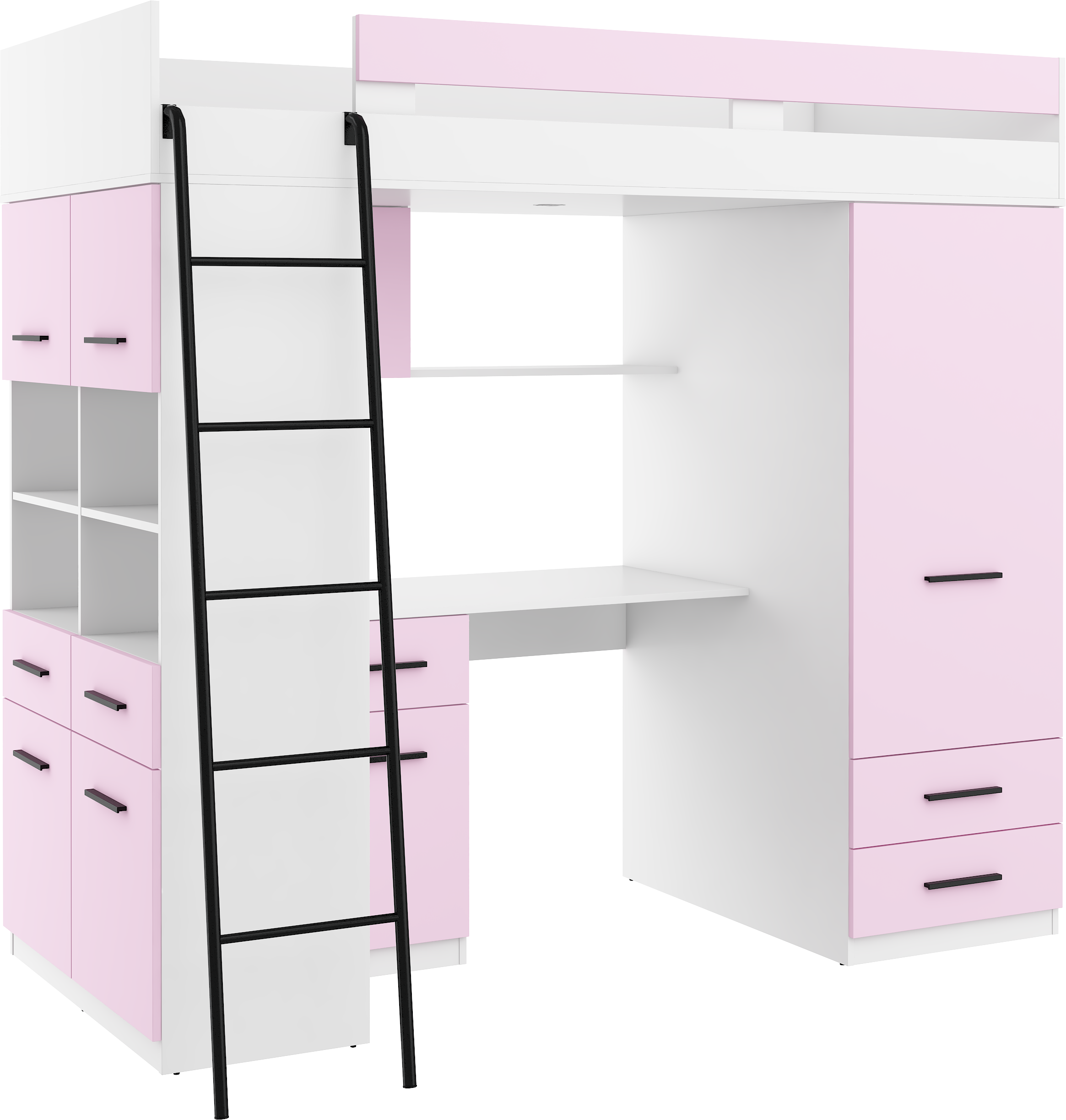 Etagenbett LEV-L mit Leiter links, Kleiderschrank, Schreibtisch und viele Regale