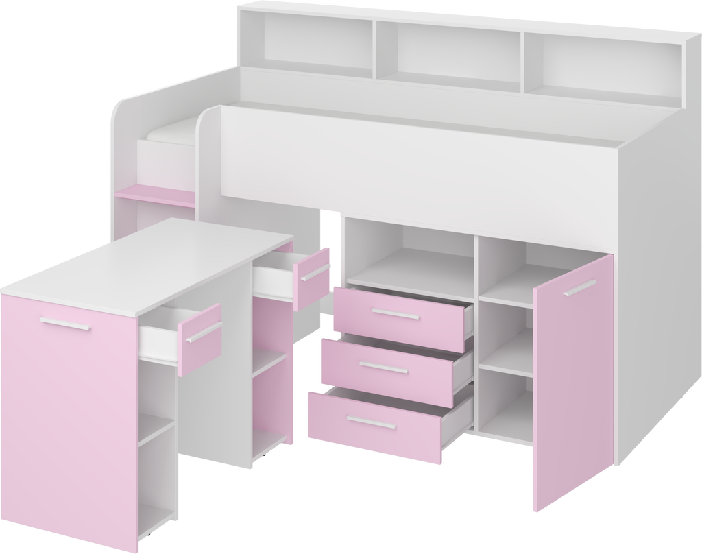 Etagenbett NE-L mit Treppe links, Ausziehbarer Schreibtisch und Doppel Schrank