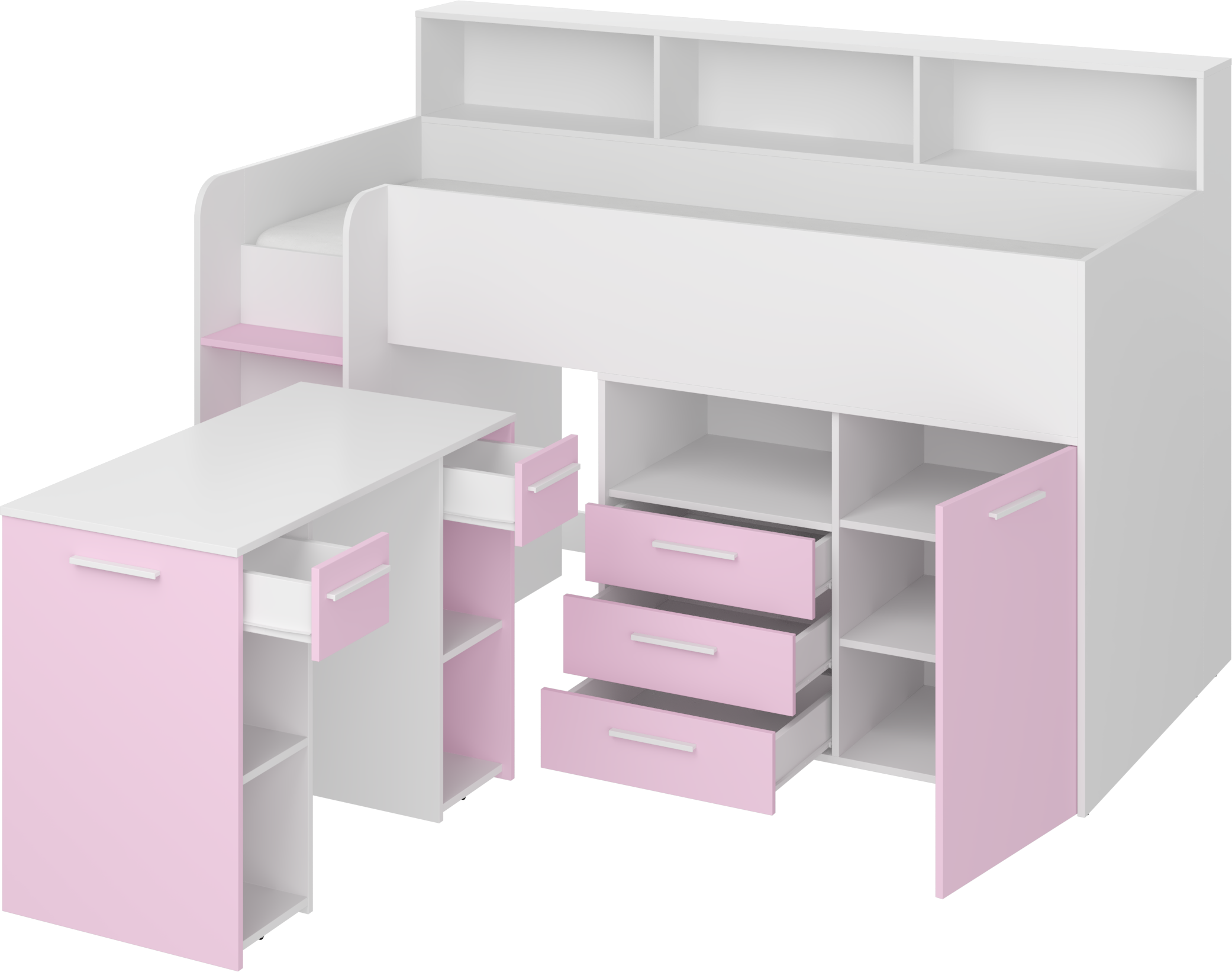 Etagenbett NE-L mit Treppe links, Ausziehbarer Schreibtisch und Doppel Schrank