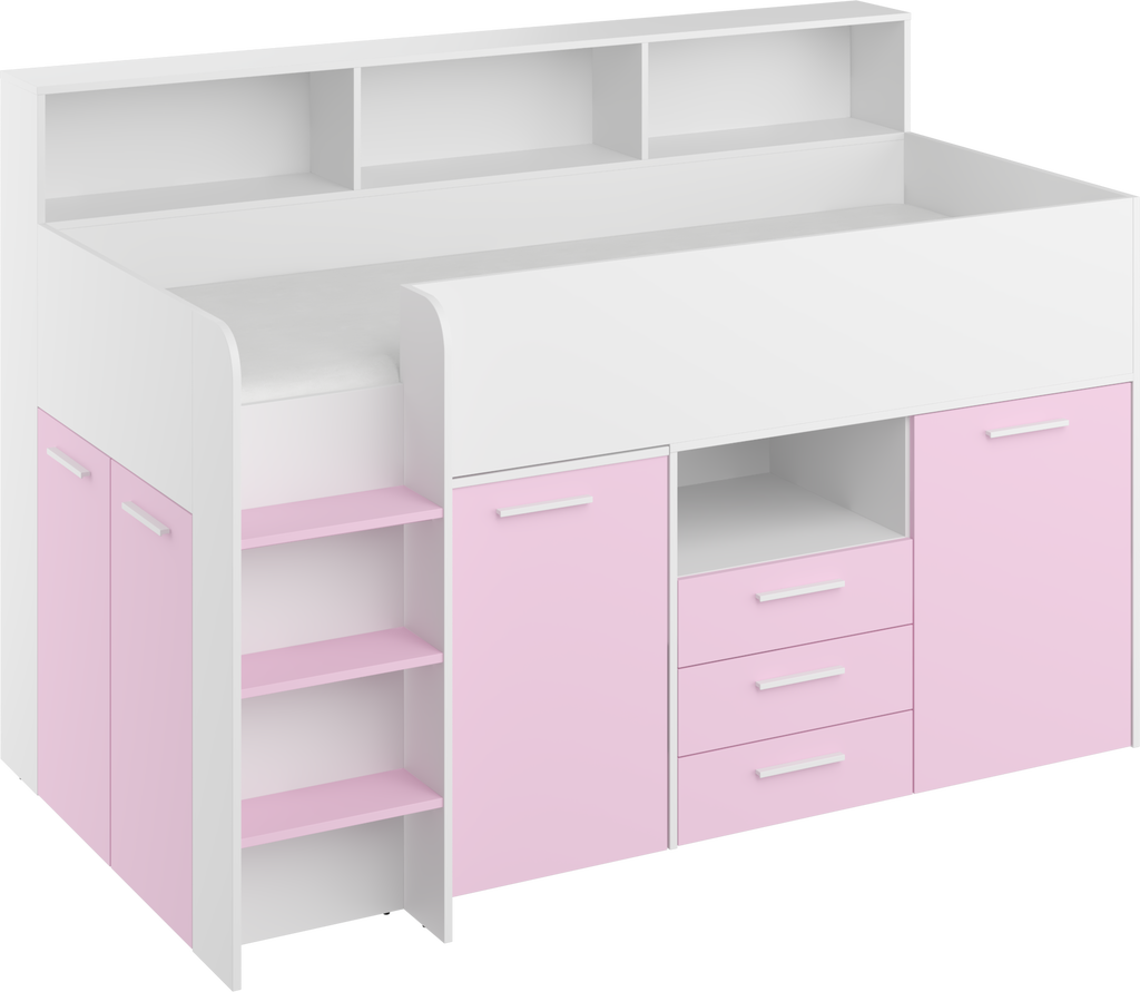 Etagenbett NE-L mit Treppe links, Ausziehbarer Schreibtisch und Doppel Schrank