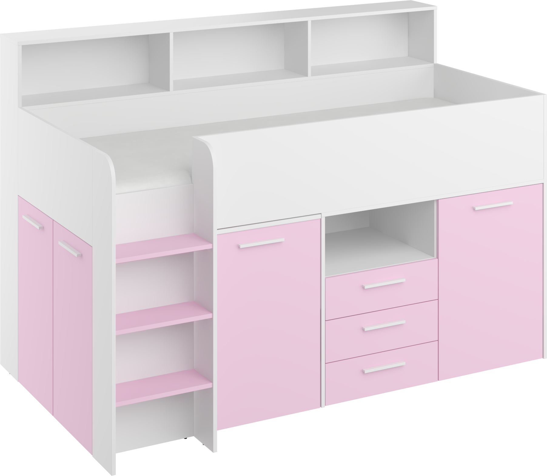 Etagenbett NE-L mit Treppe links, Ausziehbarer Schreibtisch und Doppel Schrank