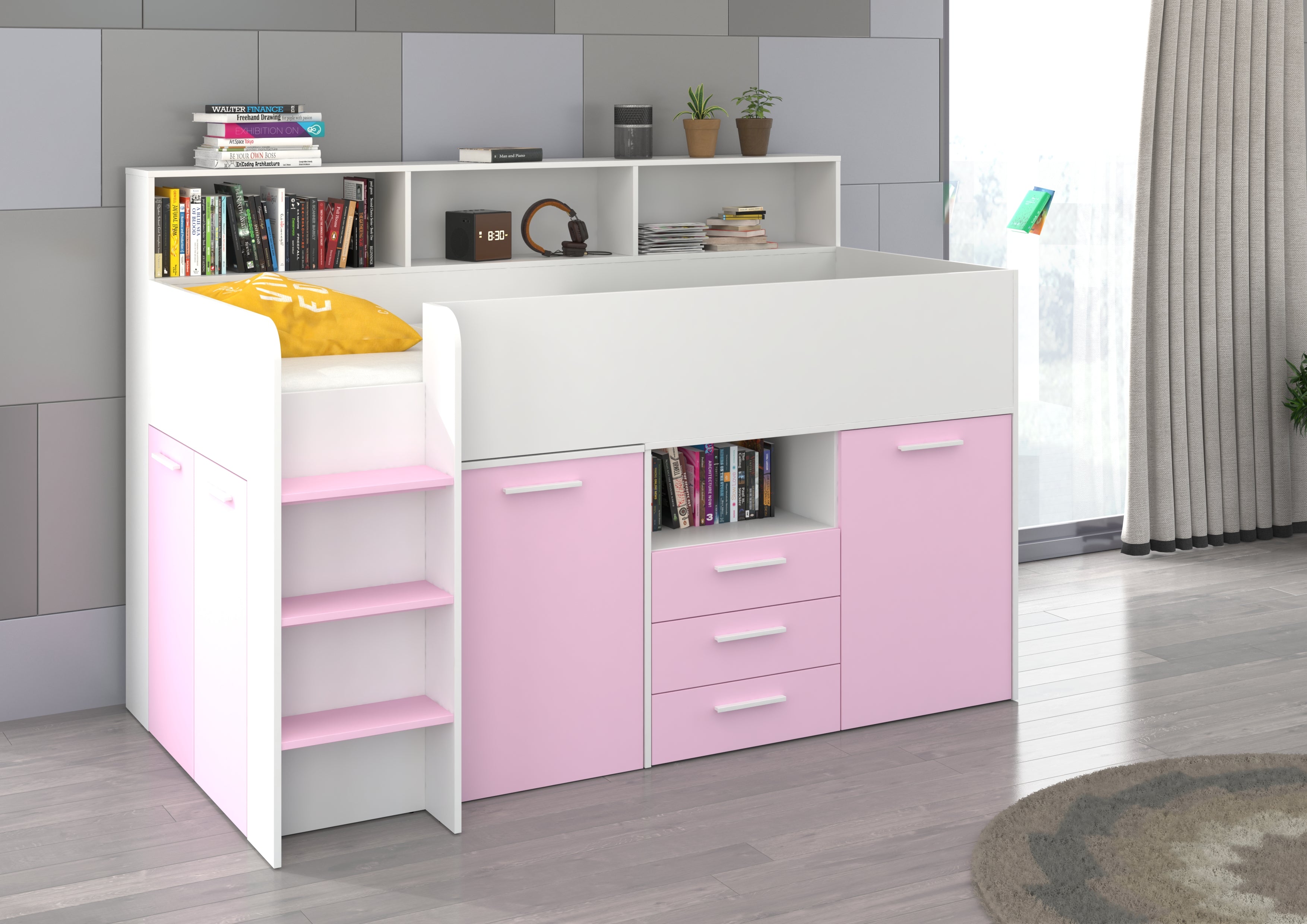 Etagenbett NE-L mit Treppe links, Ausziehbarer Schreibtisch und Doppel Schrank