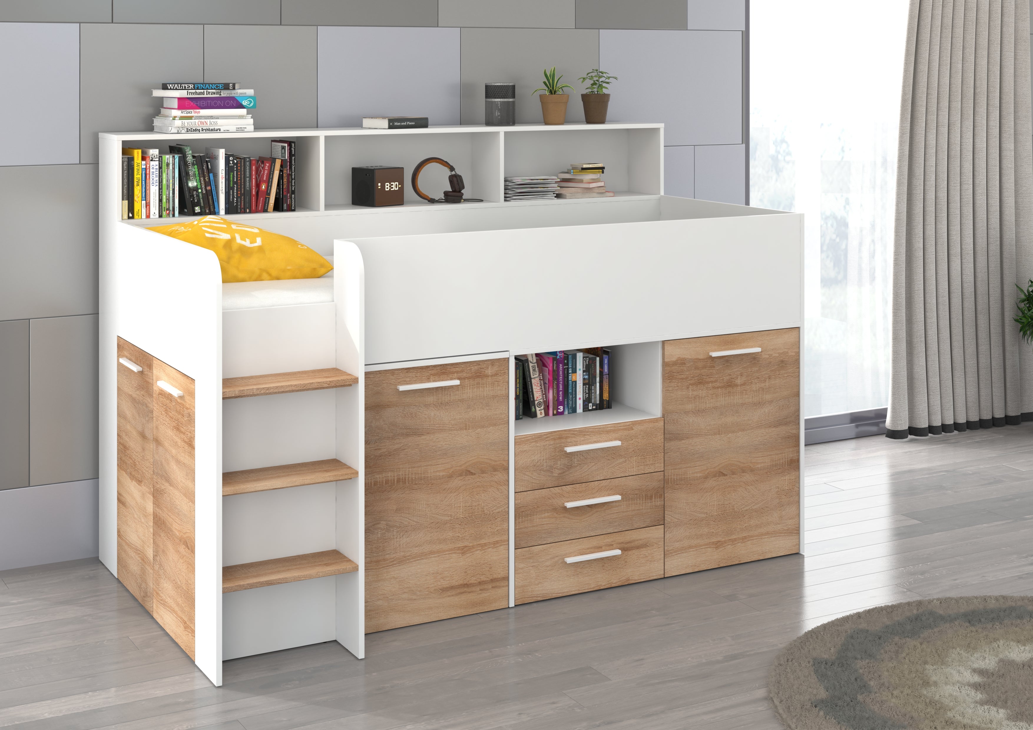 Etagenbett NE-L mit Treppe links, Ausziehbarer Schreibtisch und Doppel Schrank