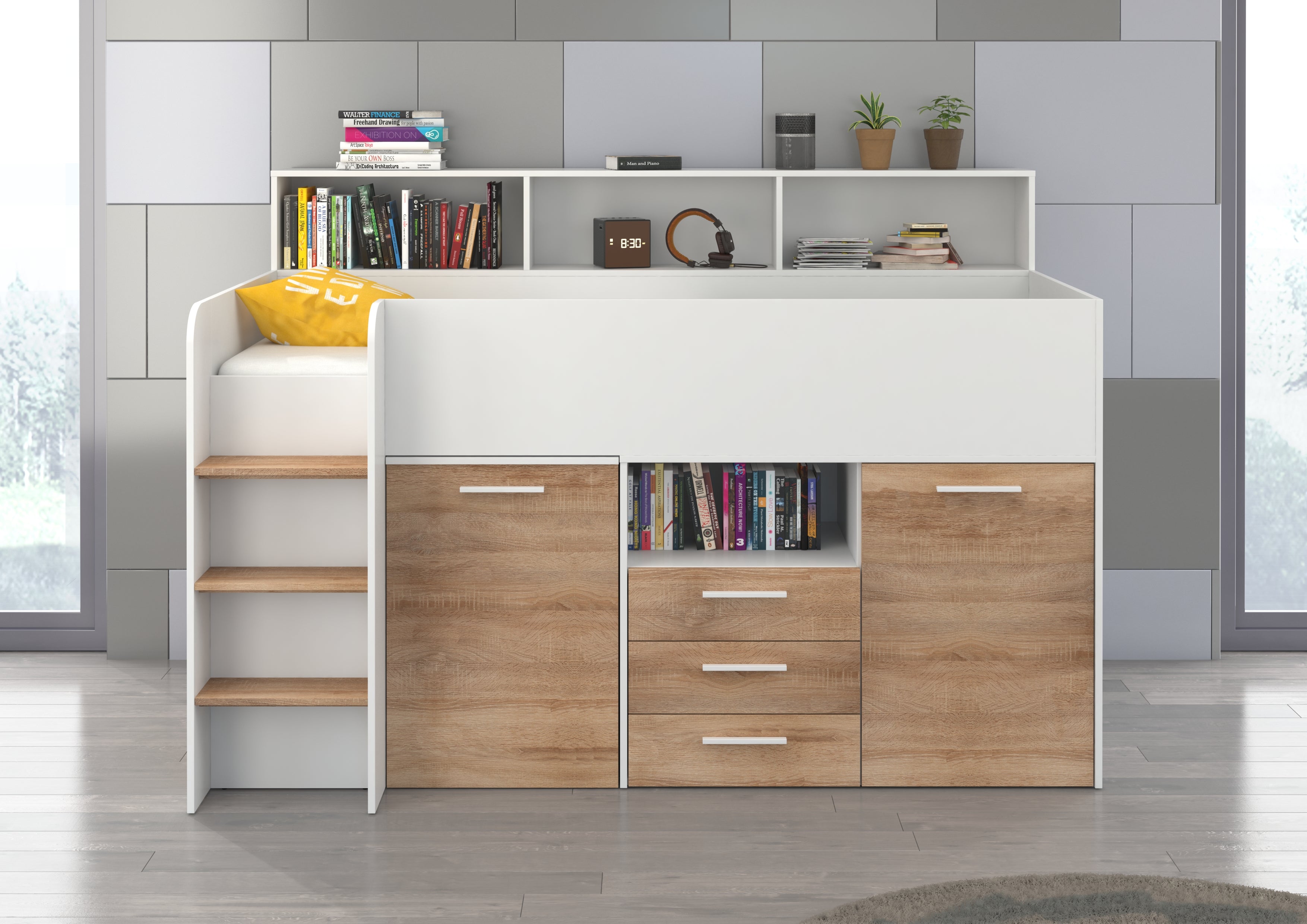 Etagenbett NE-L mit Treppe links, Ausziehbarer Schreibtisch und Doppel Schrank