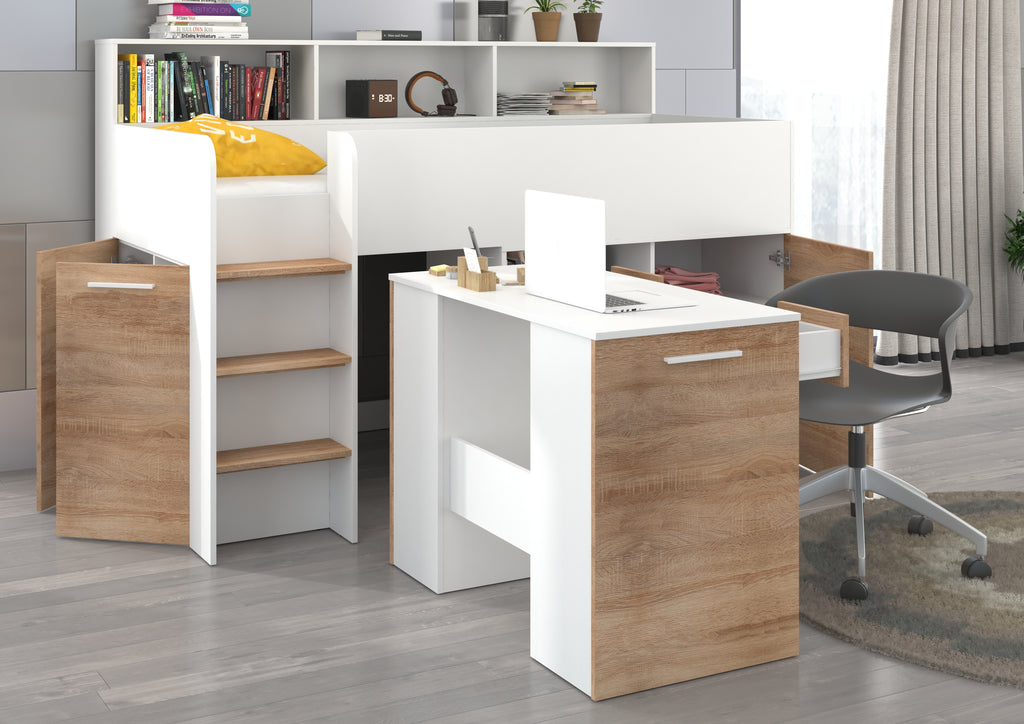 Etagenbett NE-L mit Treppe links, Ausziehbarer Schreibtisch und Doppel Schrank