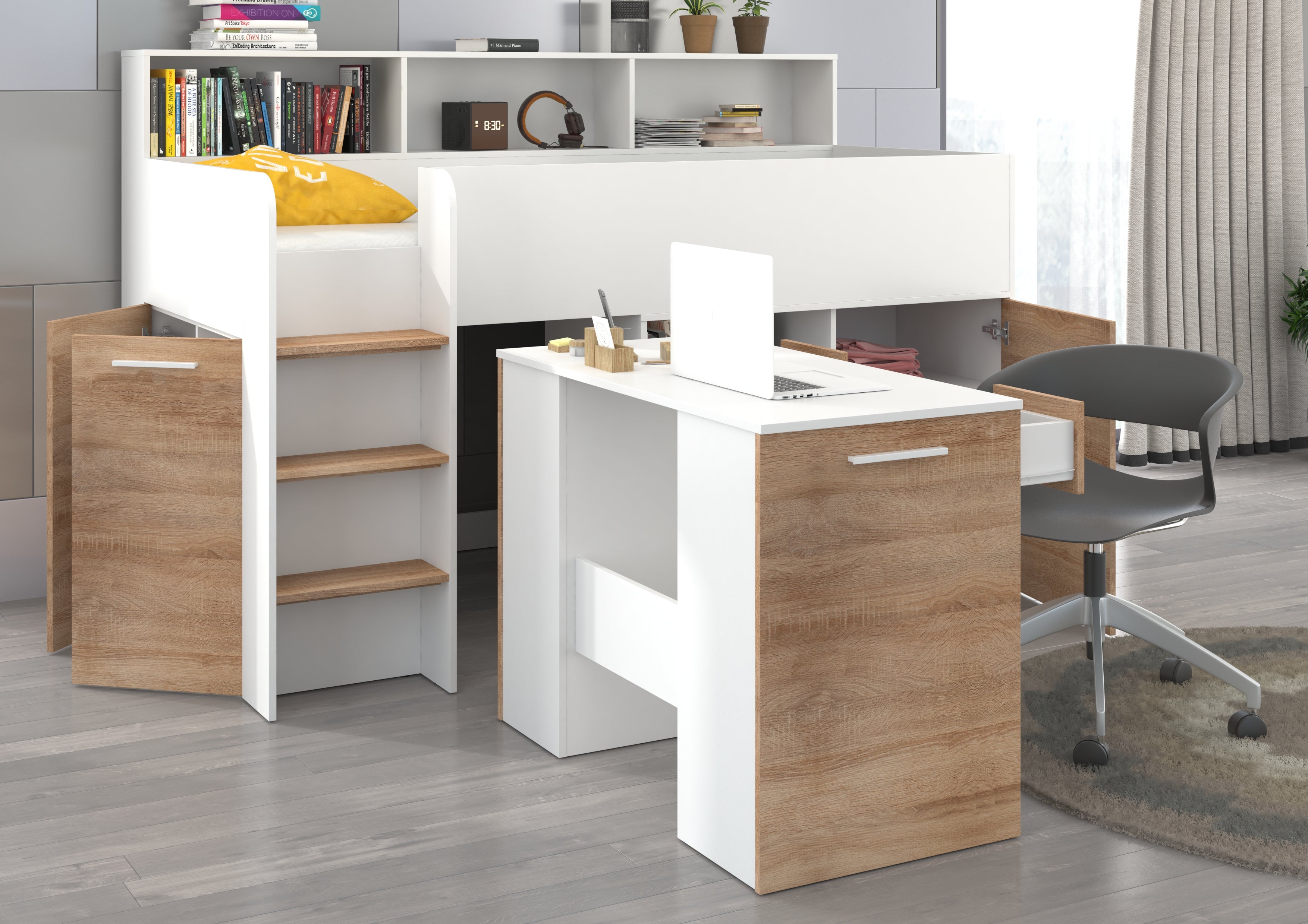 Etagenbett NE-L mit Treppe links, Ausziehbarer Schreibtisch und Doppel Schrank