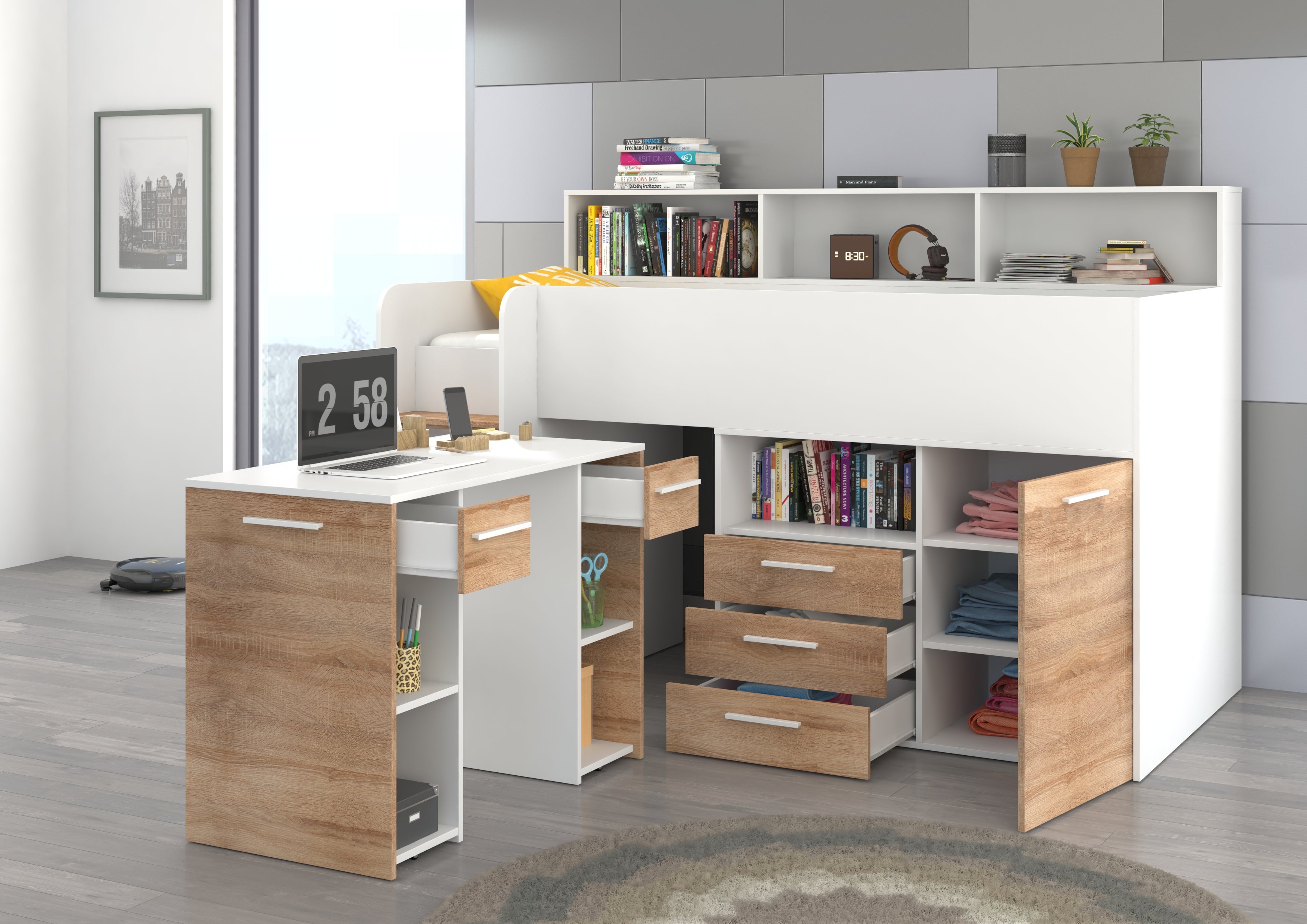 Etagenbett NE-L mit Treppe links, Ausziehbarer Schreibtisch und Doppel Schrank