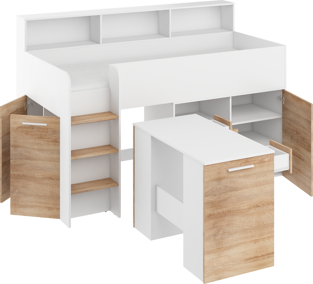 Etagenbett NE-L mit Treppe links, Ausziehbarer Schreibtisch und Doppel Schrank