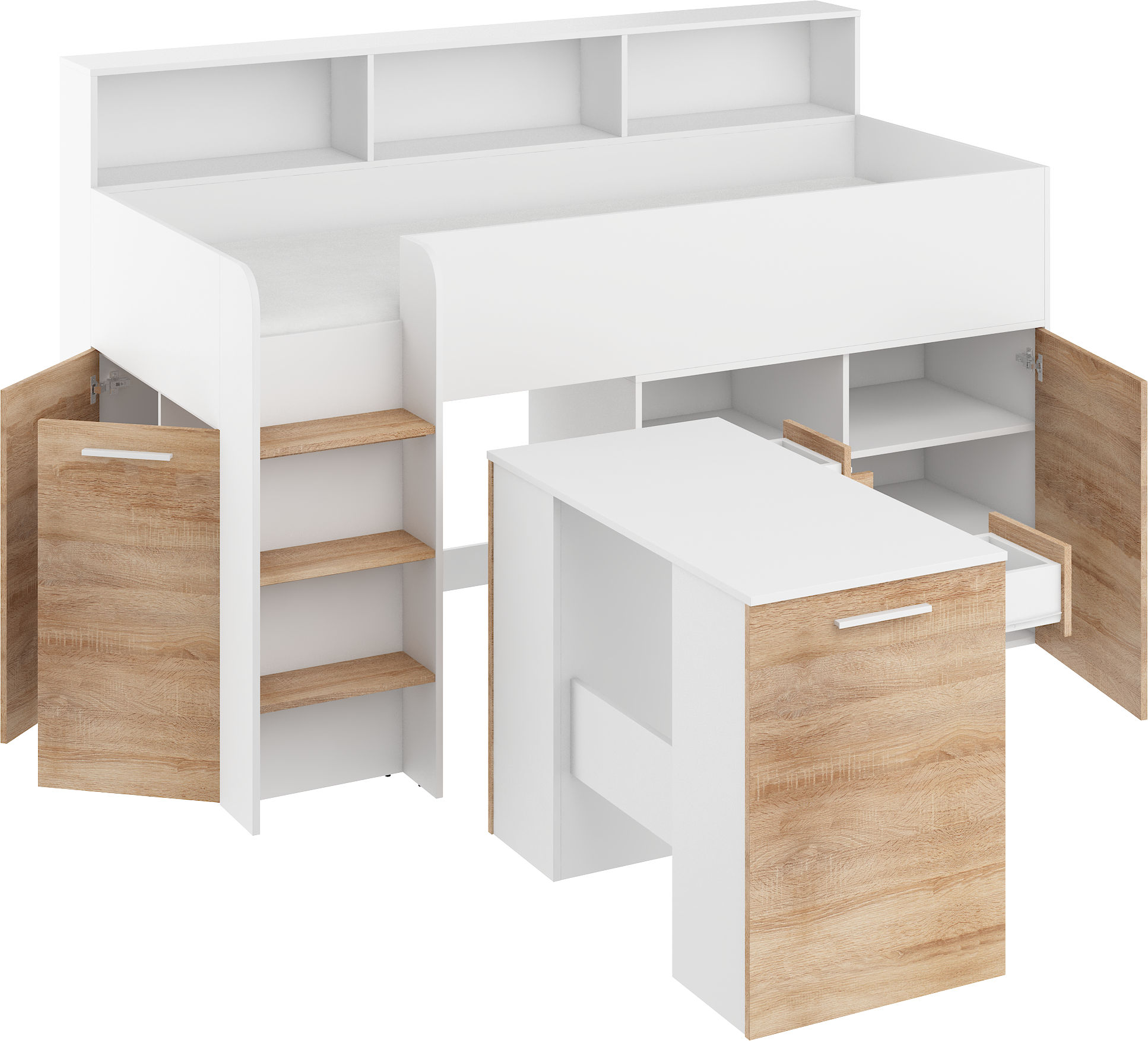 Etagenbett NE-L mit Treppe links, Ausziehbarer Schreibtisch und Doppel Schrank
