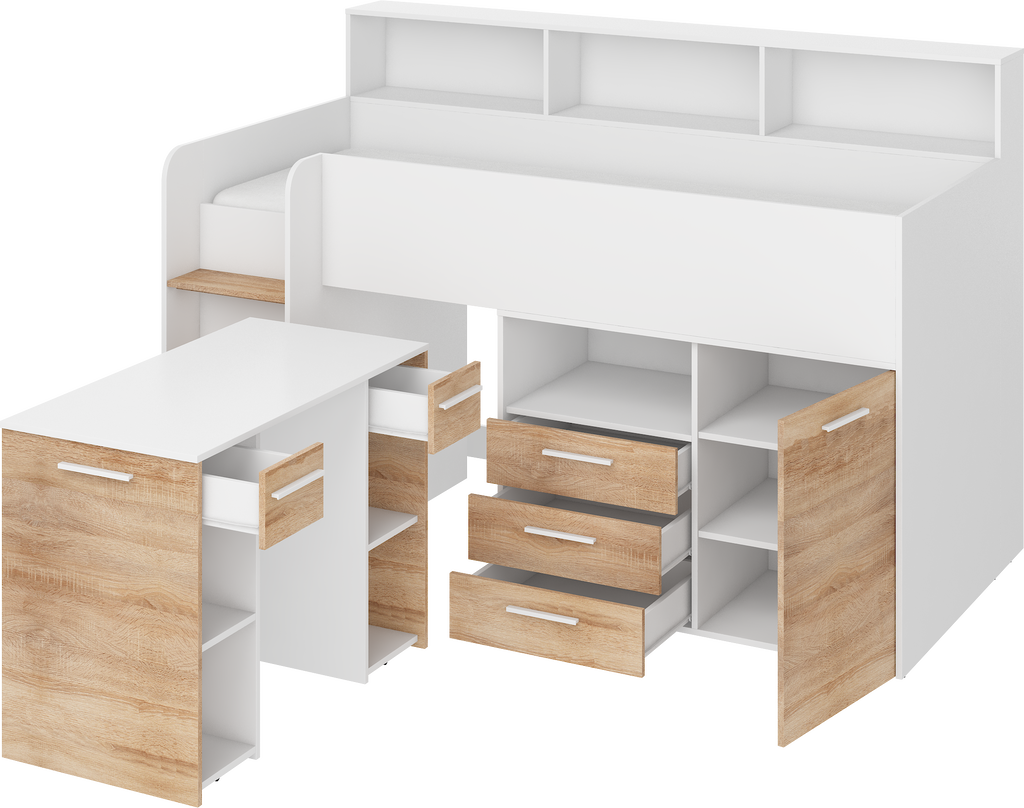 Etagenbett NE-L mit Treppe links, Ausziehbarer Schreibtisch und Doppel Schrank