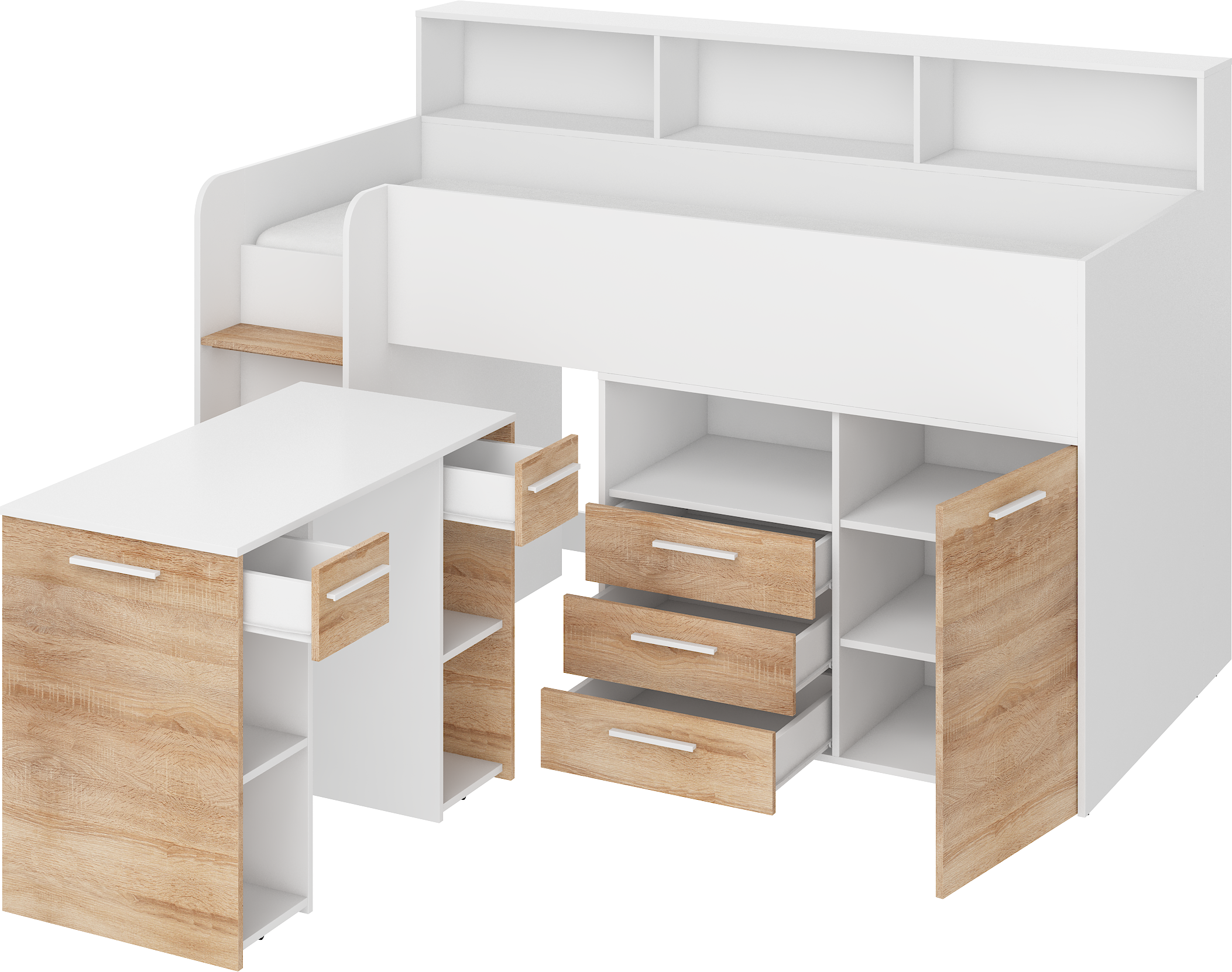 Etagenbett NE-L mit Treppe links, Ausziehbarer Schreibtisch und Doppel Schrank