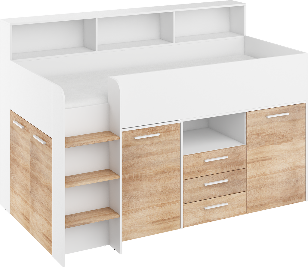 Etagenbett NE-L mit Treppe links, Ausziehbarer Schreibtisch und Doppel Schrank