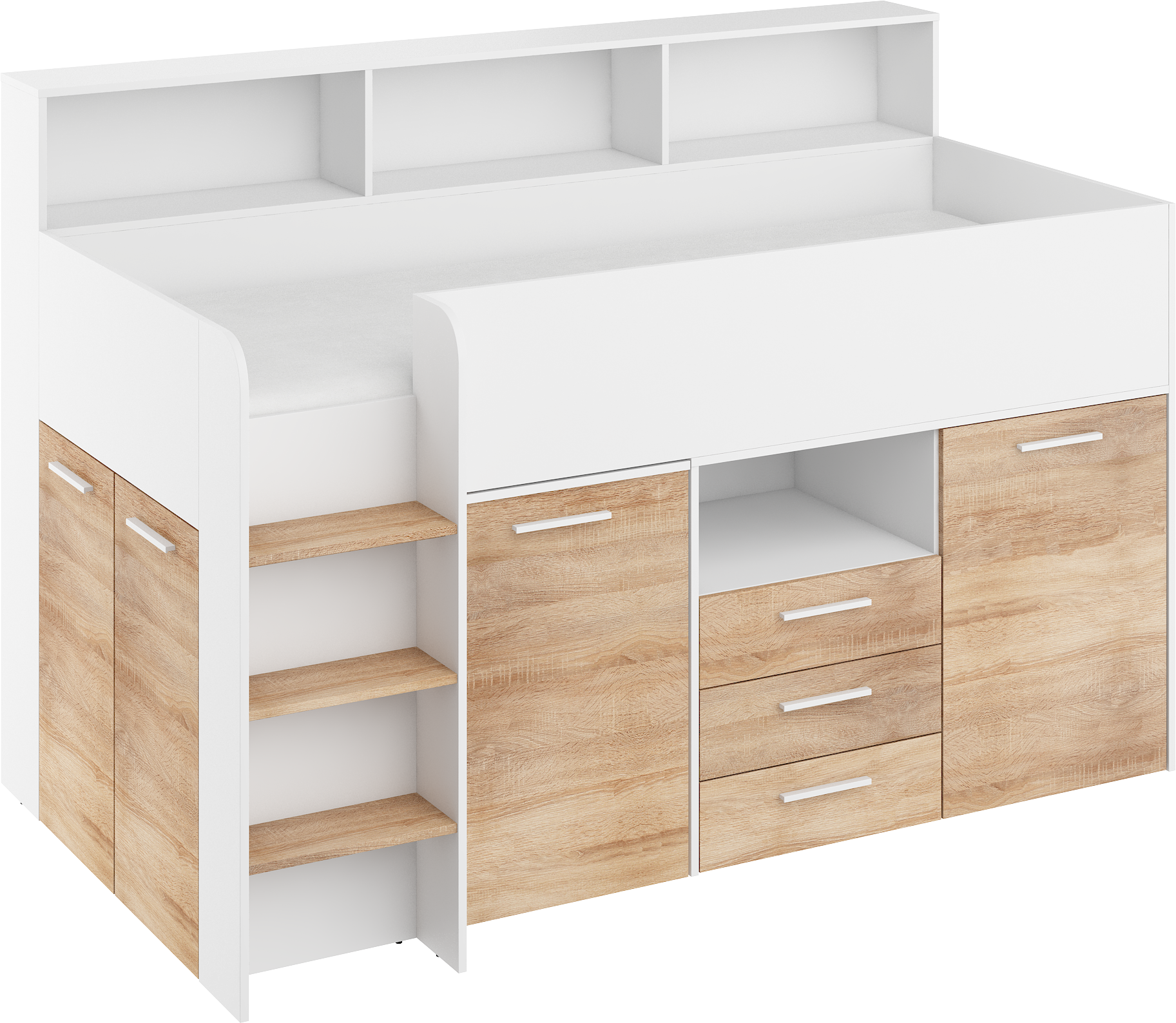 Etagenbett NE-L mit Treppe links, Ausziehbarer Schreibtisch und Doppel Schrank