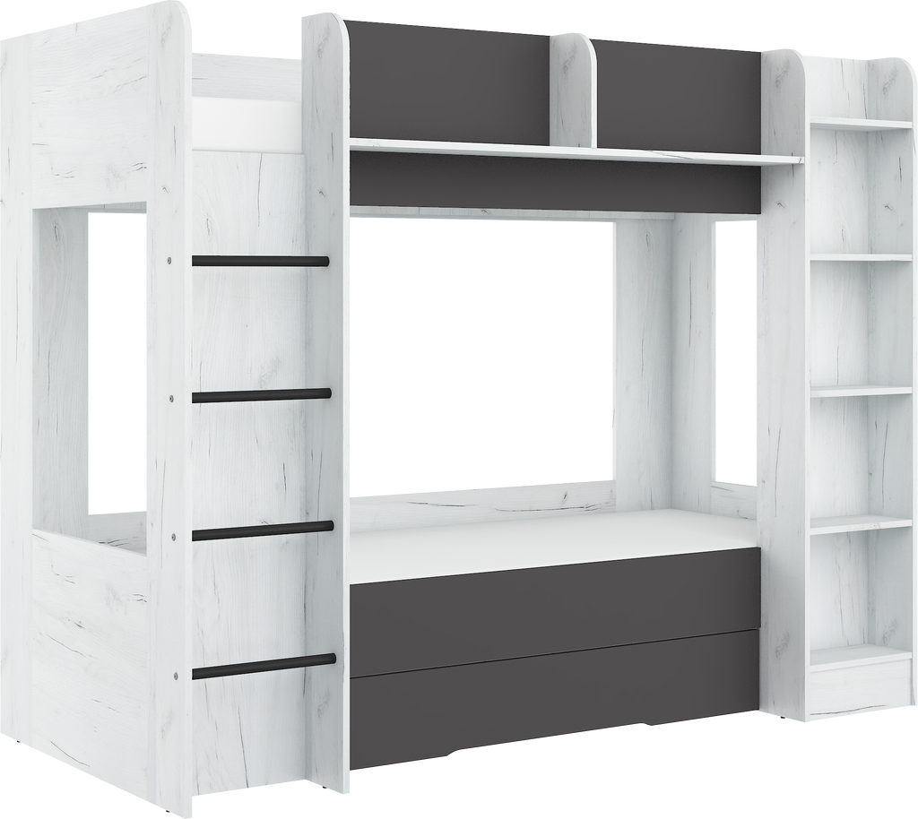 Etagenbett EVE-L für 2 Personen – 2 × 80 × 200 cm mit Schublade und Regalen