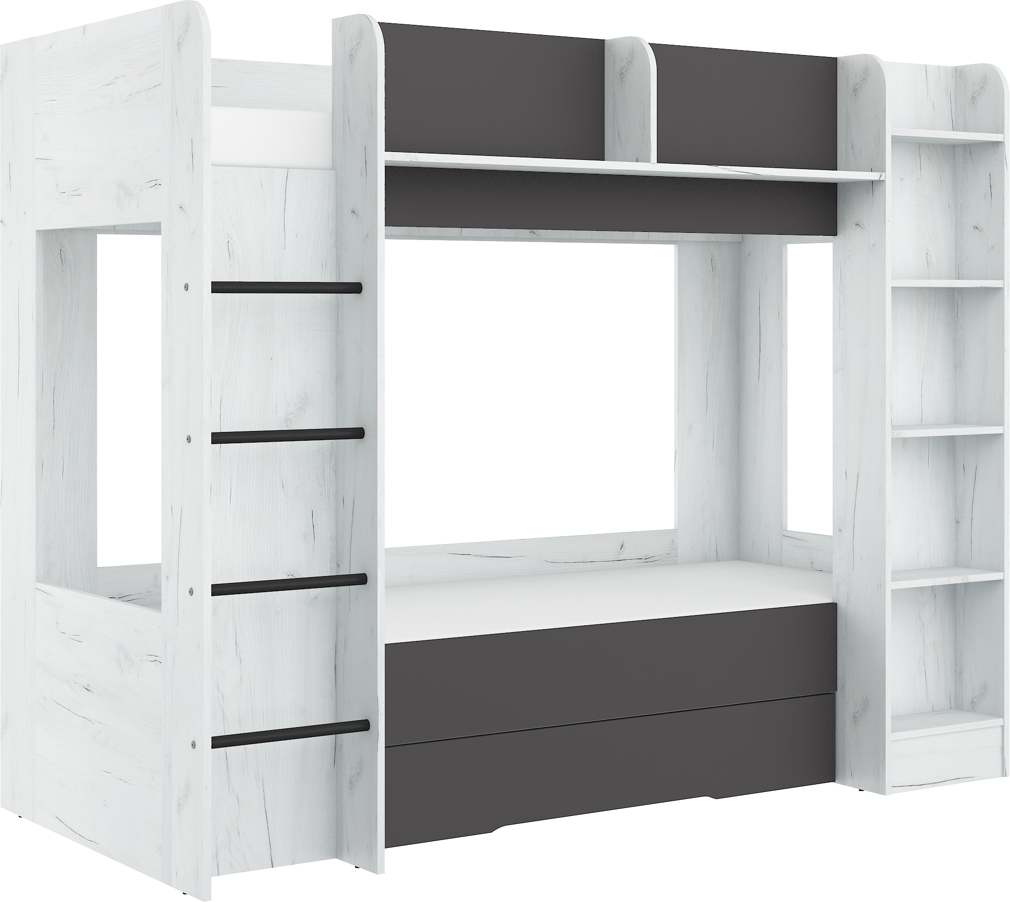 Etagenbett EVE-L für 2 Personen – 2 × 80 × 200 cm mit Schublade und Regalen