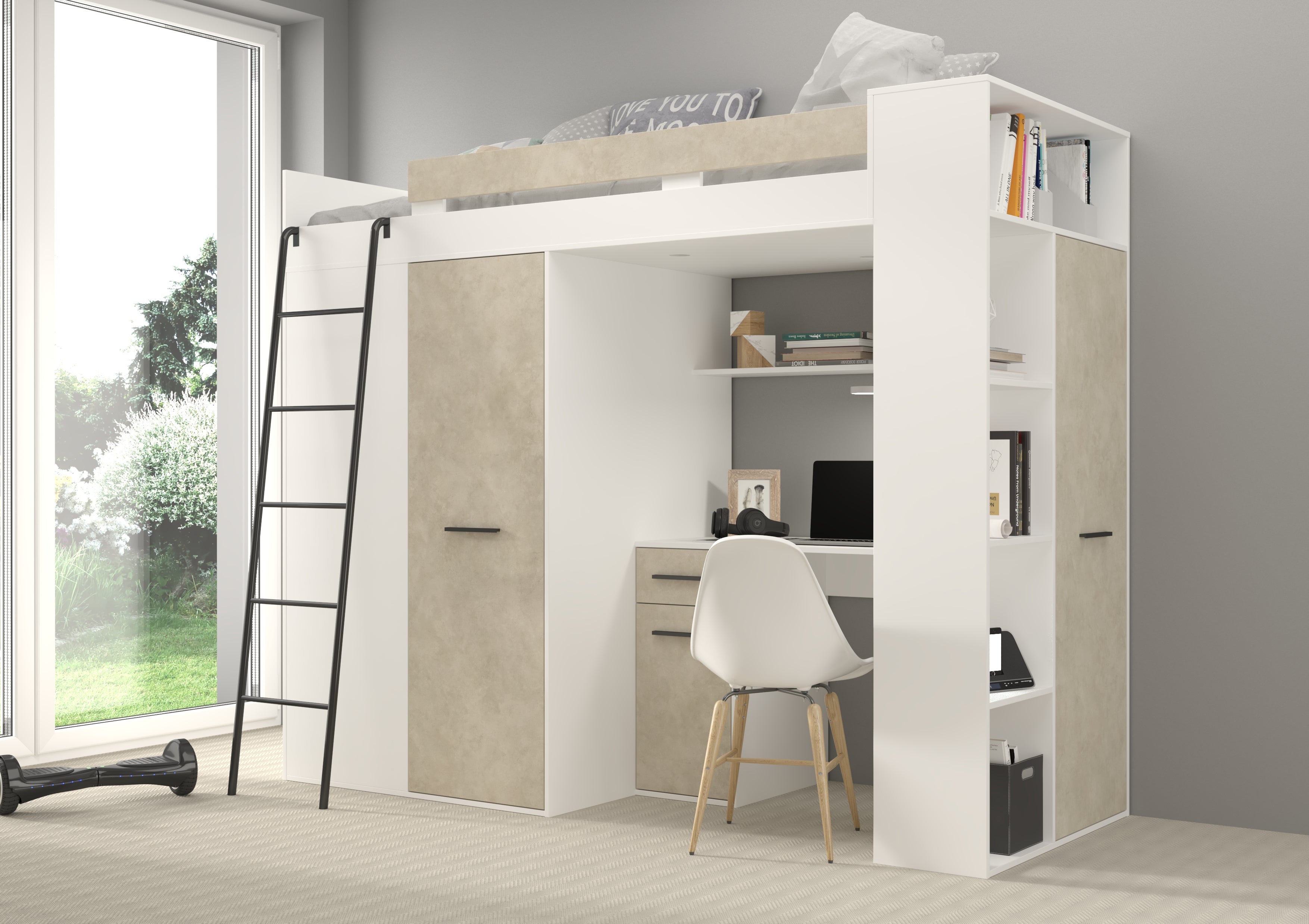 Etagenbett VER-L mit Leiter links, Kleiderschrank, Schreibtisch und viele Regale