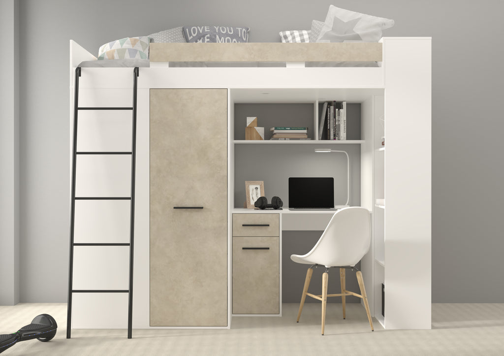 Etagenbett VER-L mit Leiter links, Kleiderschrank, Schreibtisch und viele Regale