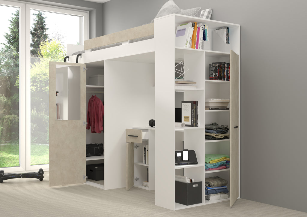 Etagenbett VER-L mit Leiter links, Kleiderschrank, Schreibtisch und viele Regale