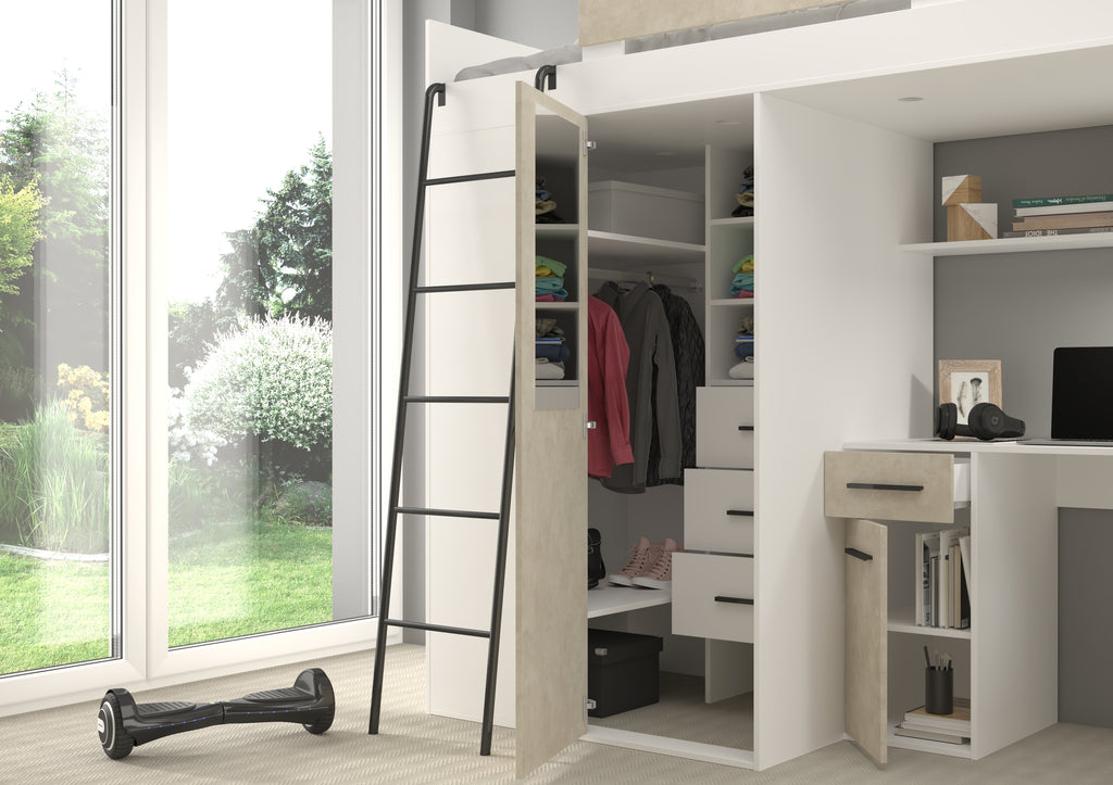 Etagenbett VER-L mit Leiter links, Kleiderschrank, Schreibtisch und viele Regale