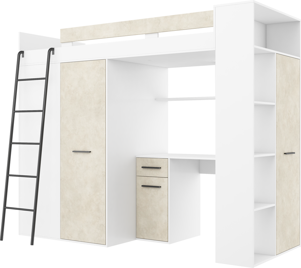 Etagenbett VER-L mit Leiter links, Kleiderschrank, Schreibtisch und viele Regale