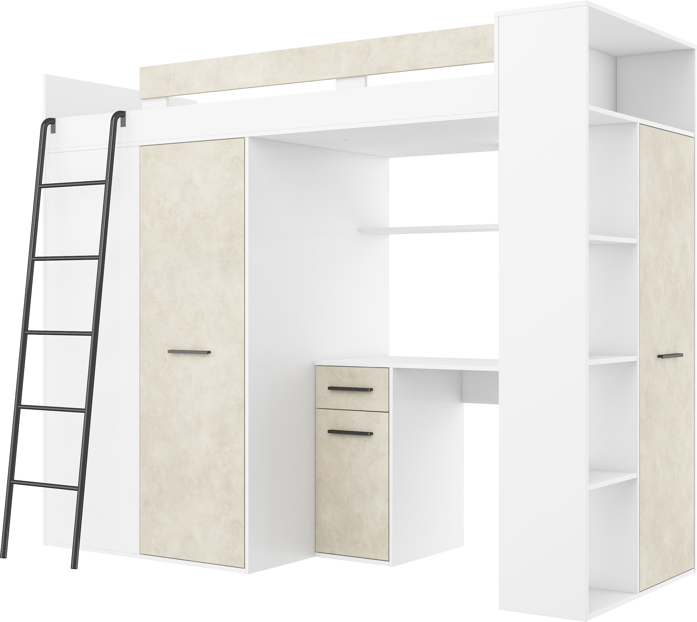 Etagenbett VER-L mit Leiter links, Kleiderschrank, Schreibtisch und viele Regale