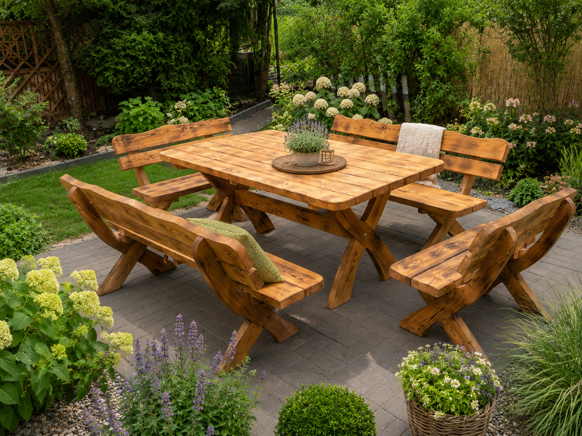 Gartenmöbel OJ, Holzgartenmöbel, Tisch + 2 Bänke + 2 kleine Bänke. Farbe geflammt