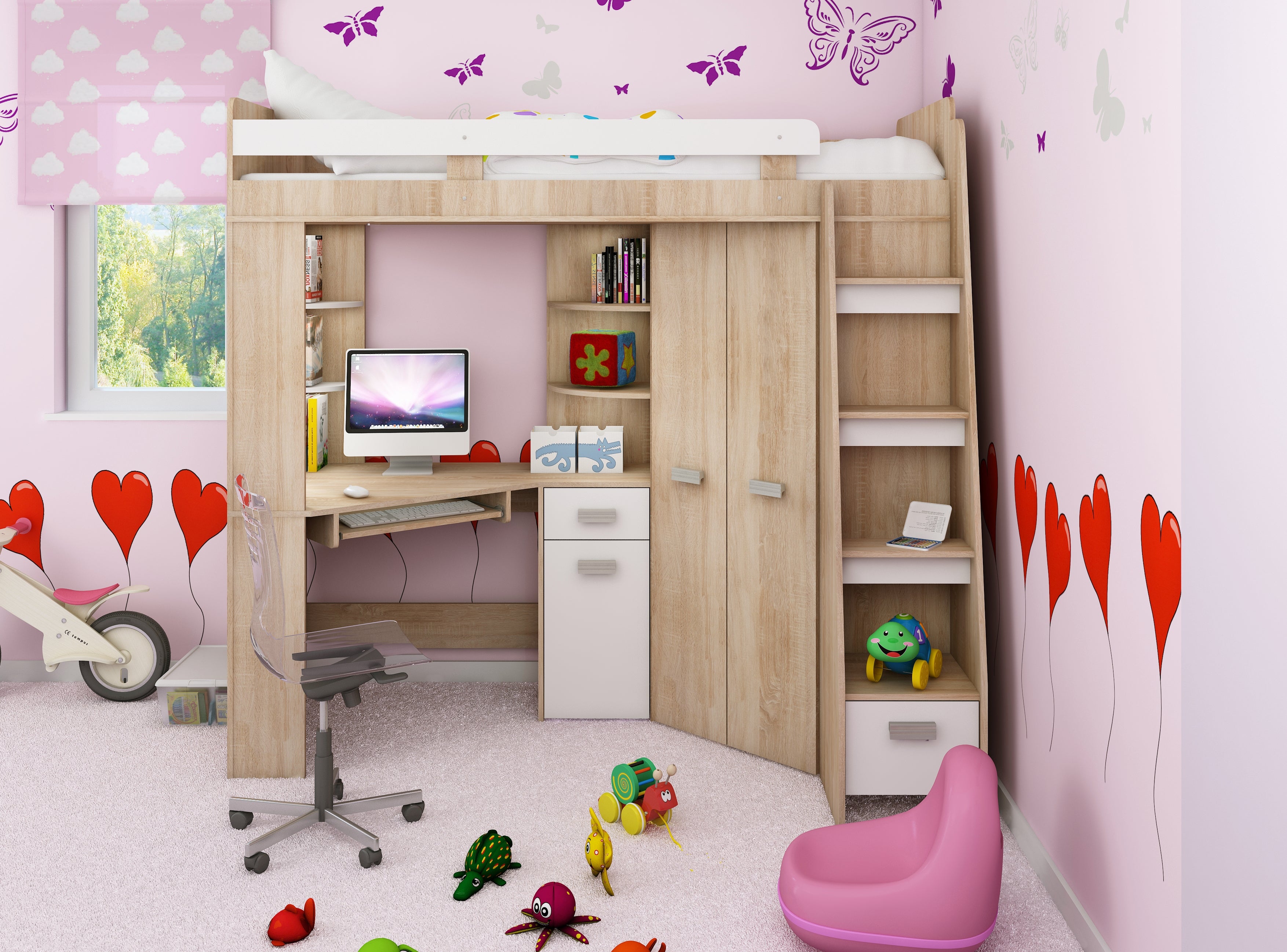 Etagenbett ANT-P mit funktionaler Treppe Rechts, Eckkleiderschrank und Schreibtisch