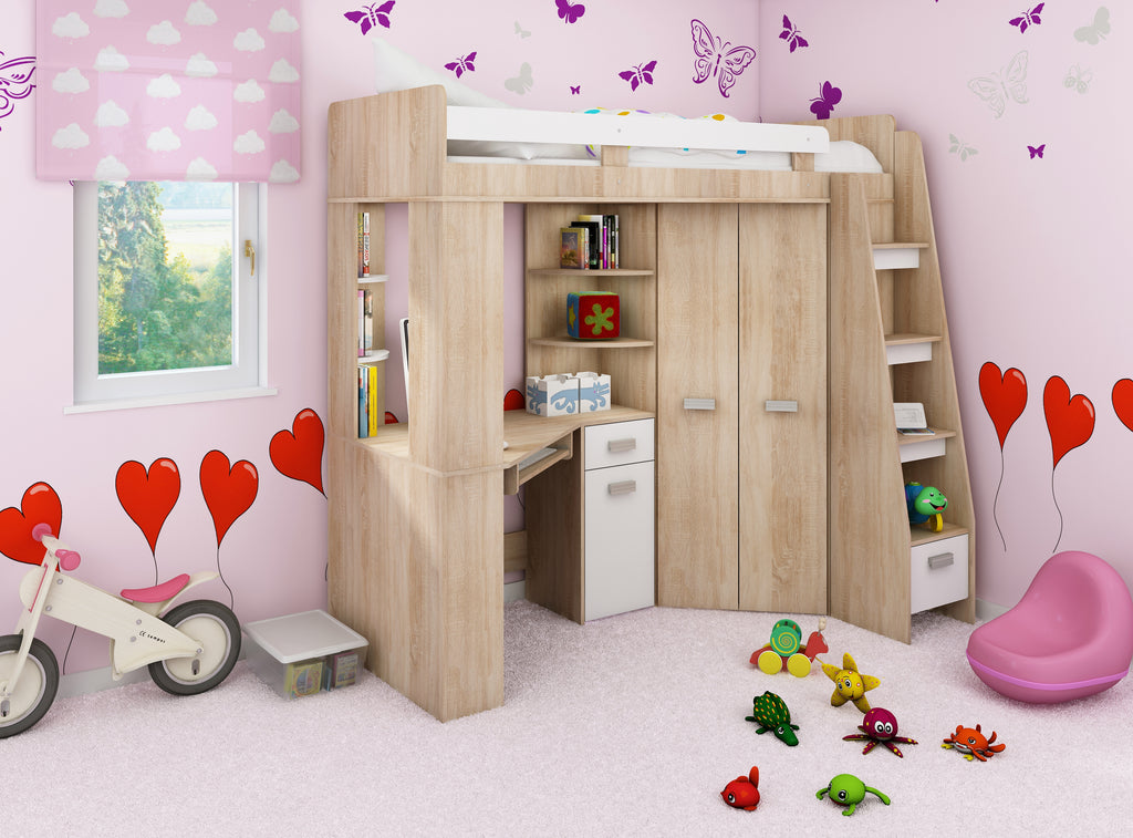 Etagenbett ANT-P mit funktionaler Treppe Rechts, Eckkleiderschrank und Schreibtisch