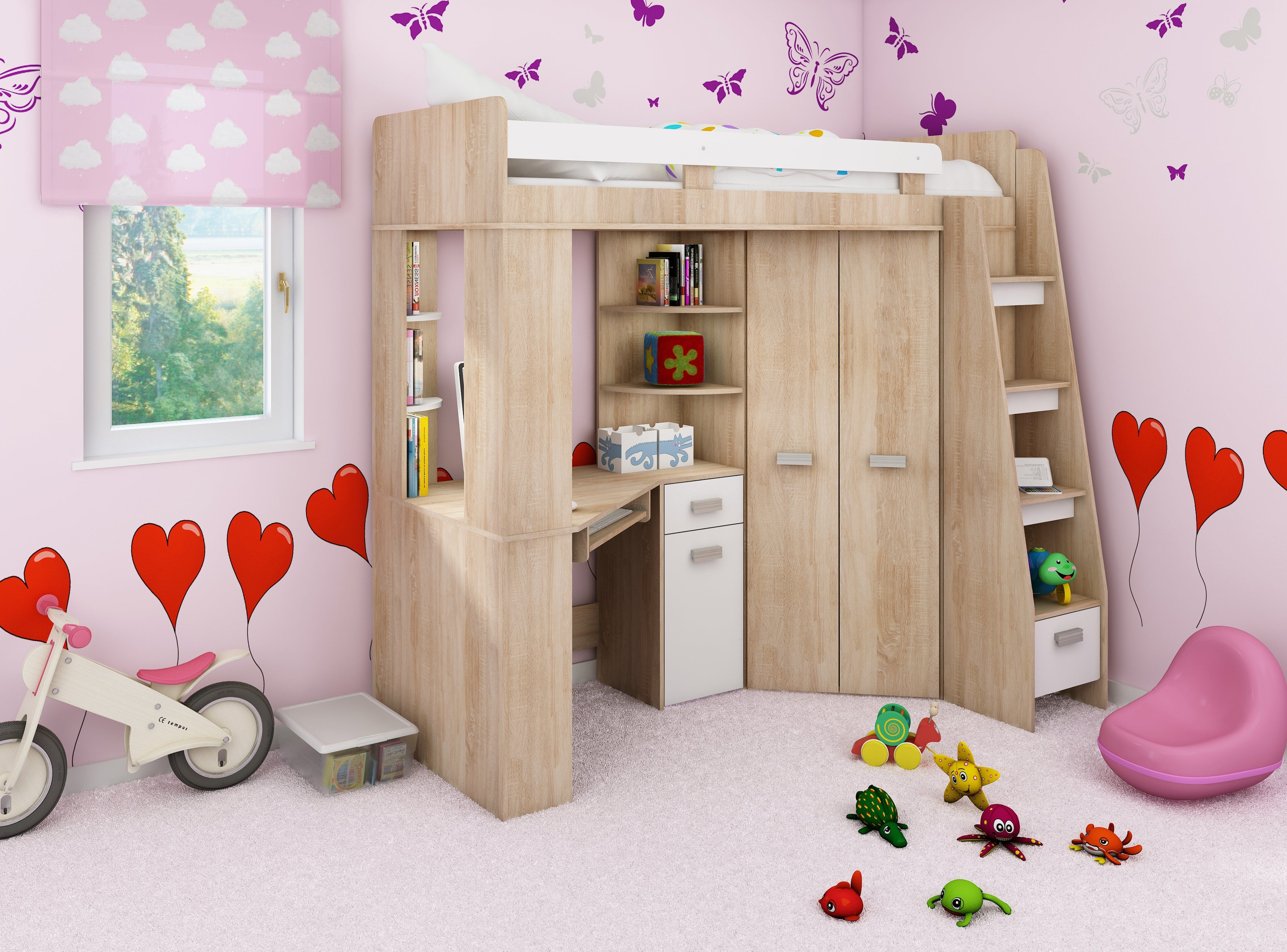 Etagenbett ANT-P mit funktionaler Treppe Rechts, Eckkleiderschrank und Schreibtisch