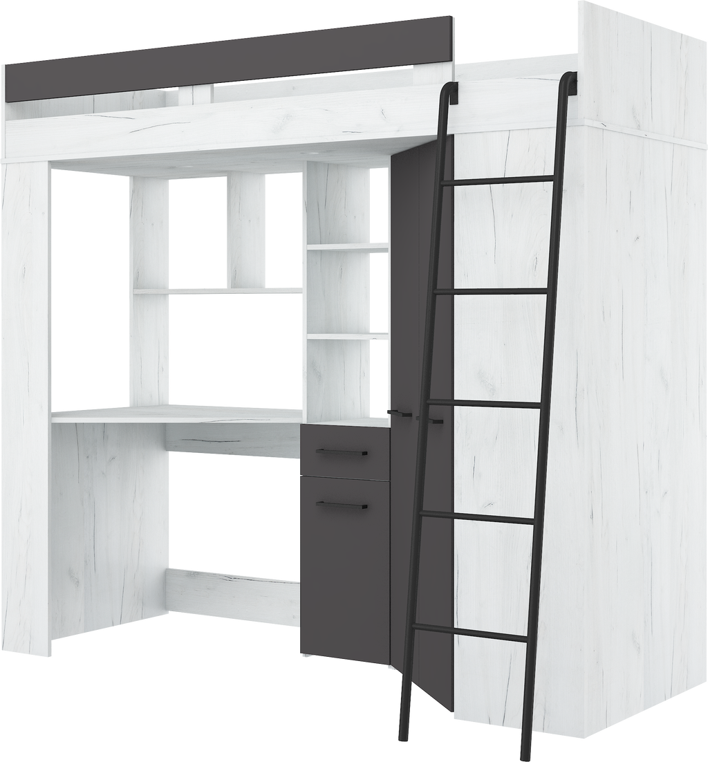 Etagenbett FLO-P mit Leiter Rechts, Eckkleiderschrank und Schreibtisch