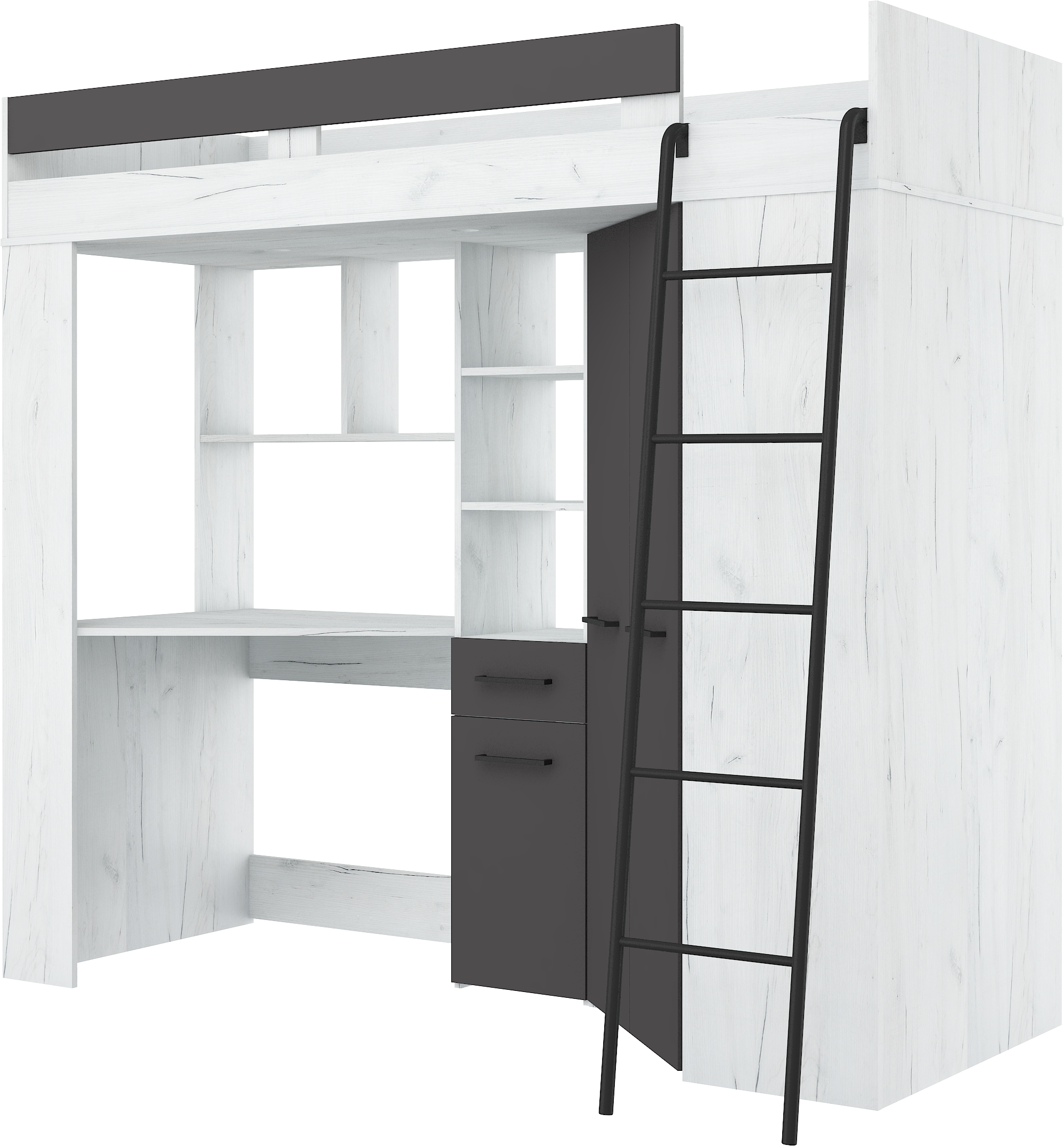 Etagenbett FLO-P mit Leiter Rechts, Eckkleiderschrank und Schreibtisch