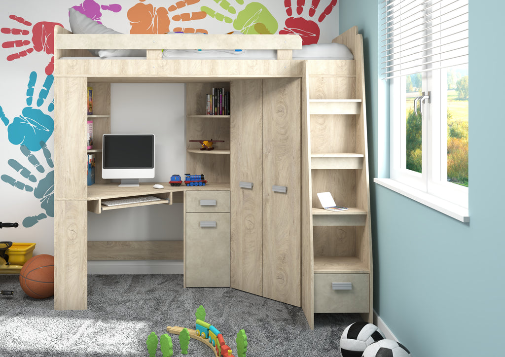 Etagenbett ANT-P mit funktionaler Treppe Rechts, Eckkleiderschrank und Schreibtisch