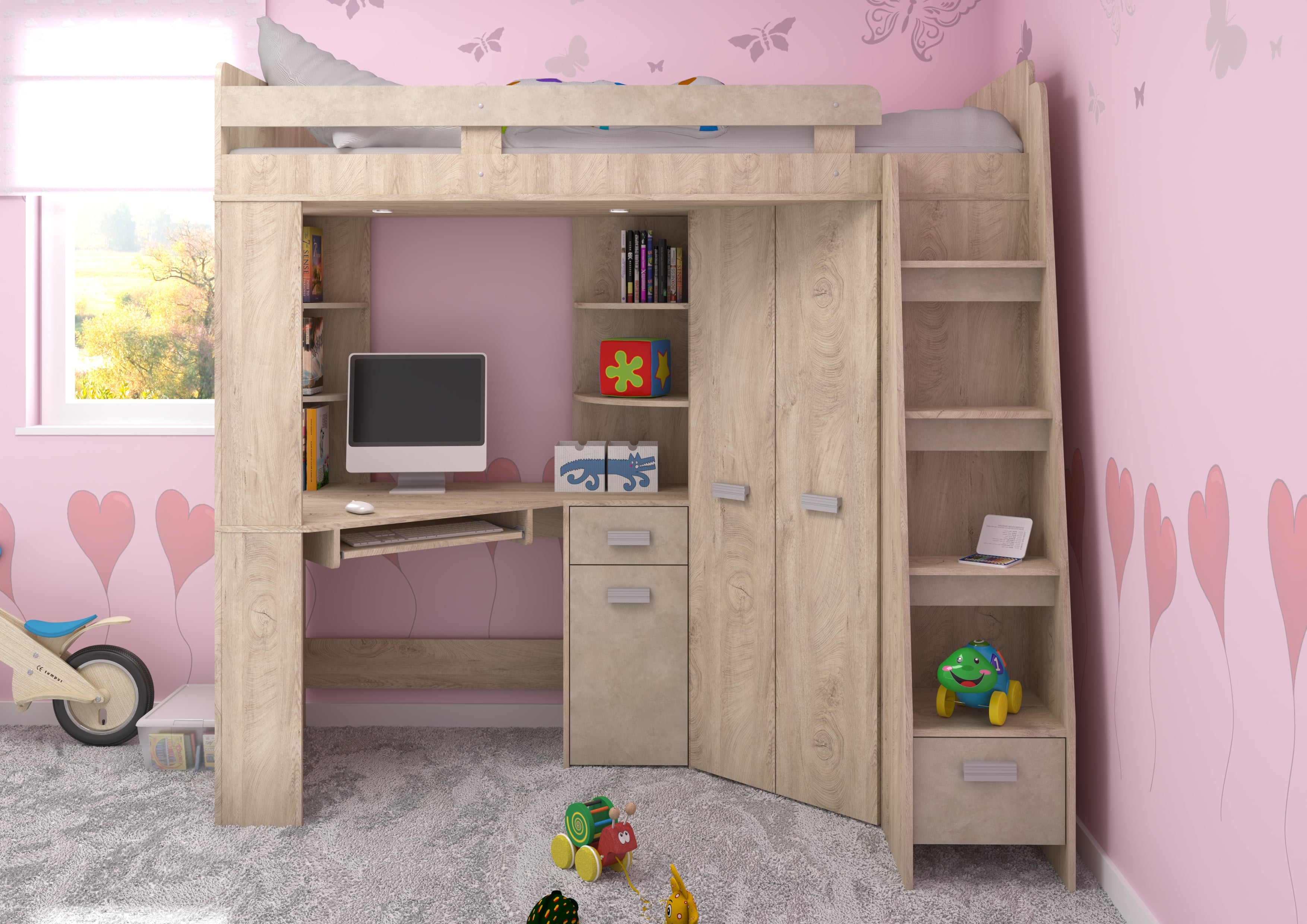 Etagenbett ANT-P mit funktionaler Treppe Rechts, Eckkleiderschrank und Schreibtisch