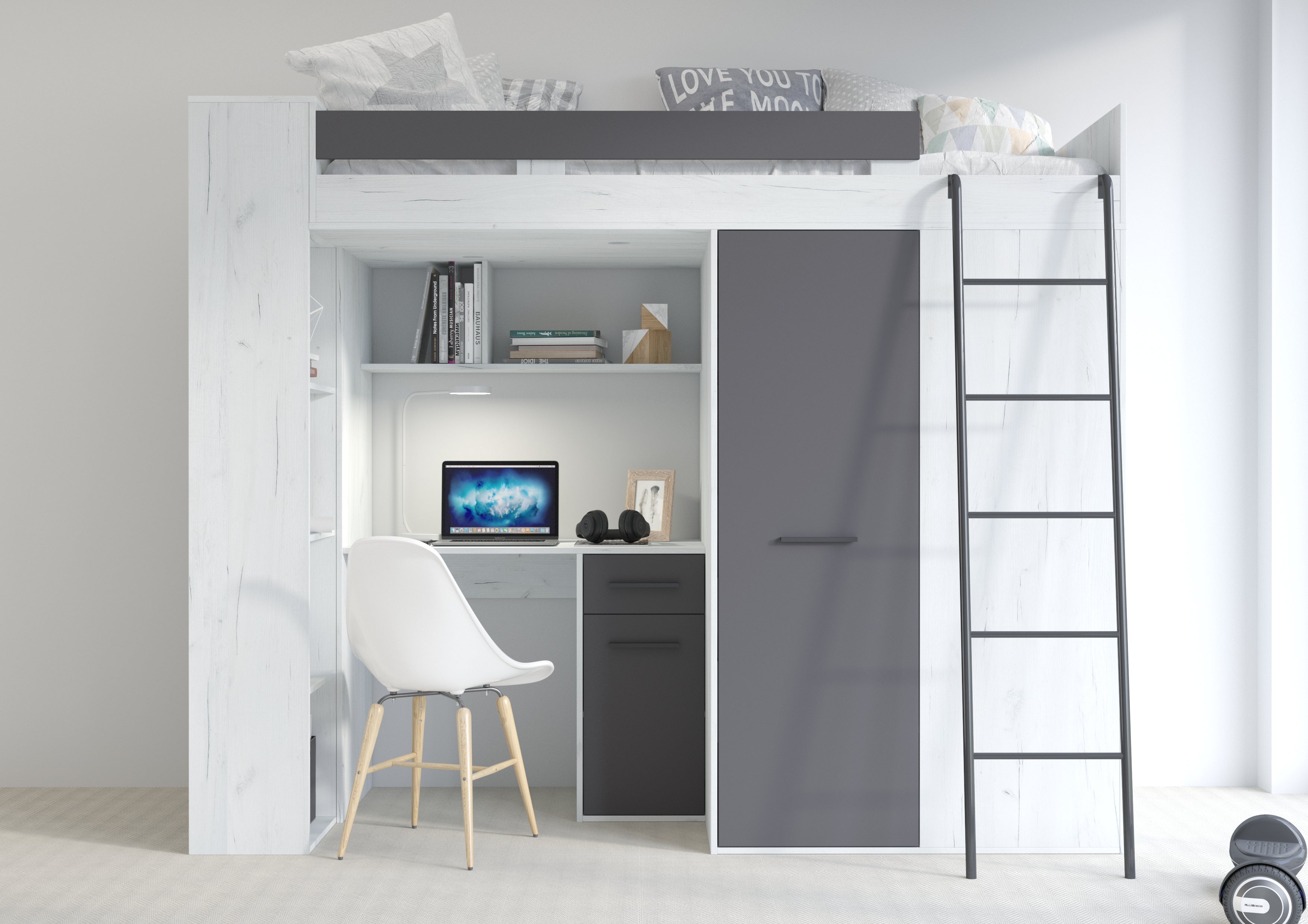 Etagenbett VER-P mit Leiter recht, Kleiderschrank, Schreibtisch und viele Regale