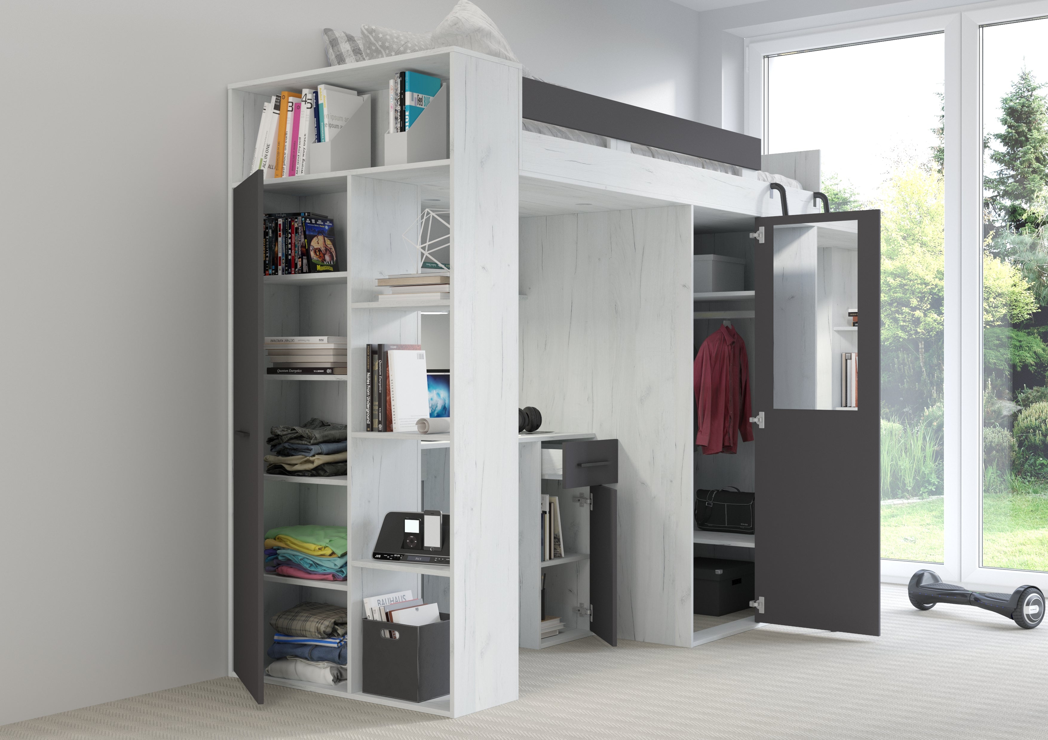Etagenbett VER-P mit Leiter recht, Kleiderschrank, Schreibtisch und viele Regale