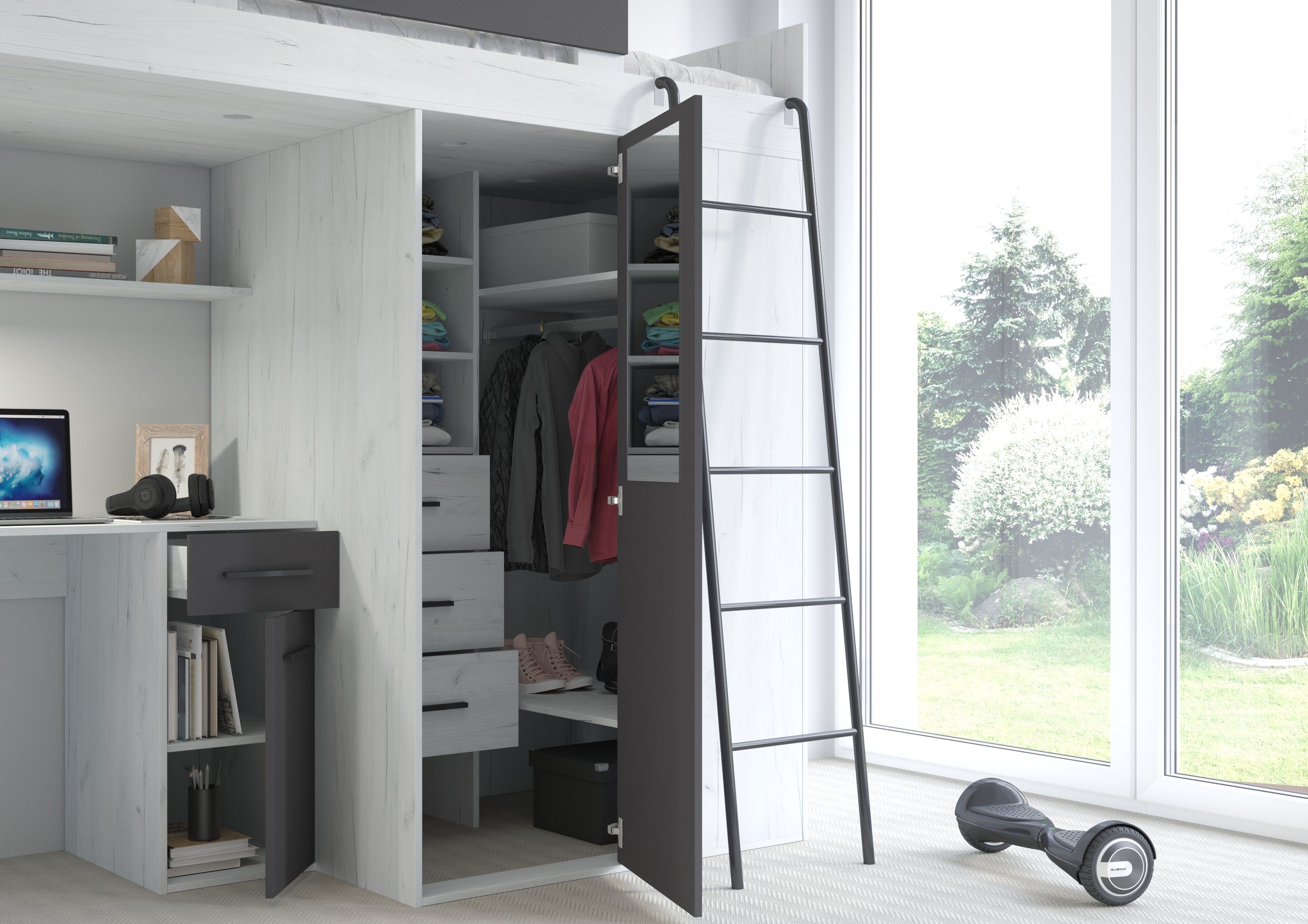 Etagenbett VER-P mit Leiter recht, Kleiderschrank, Schreibtisch und viele Regale