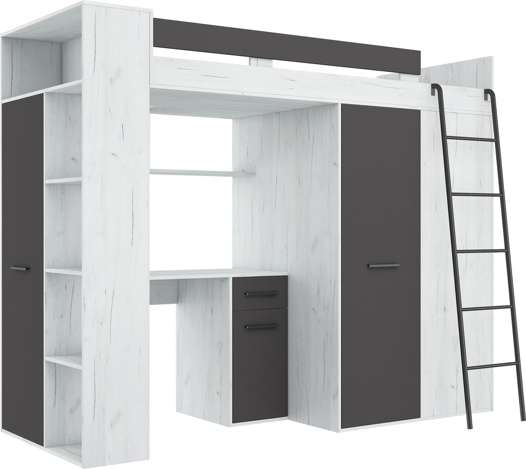 Etagenbett VER-P mit Leiter recht, Kleiderschrank, Schreibtisch und viele Regale