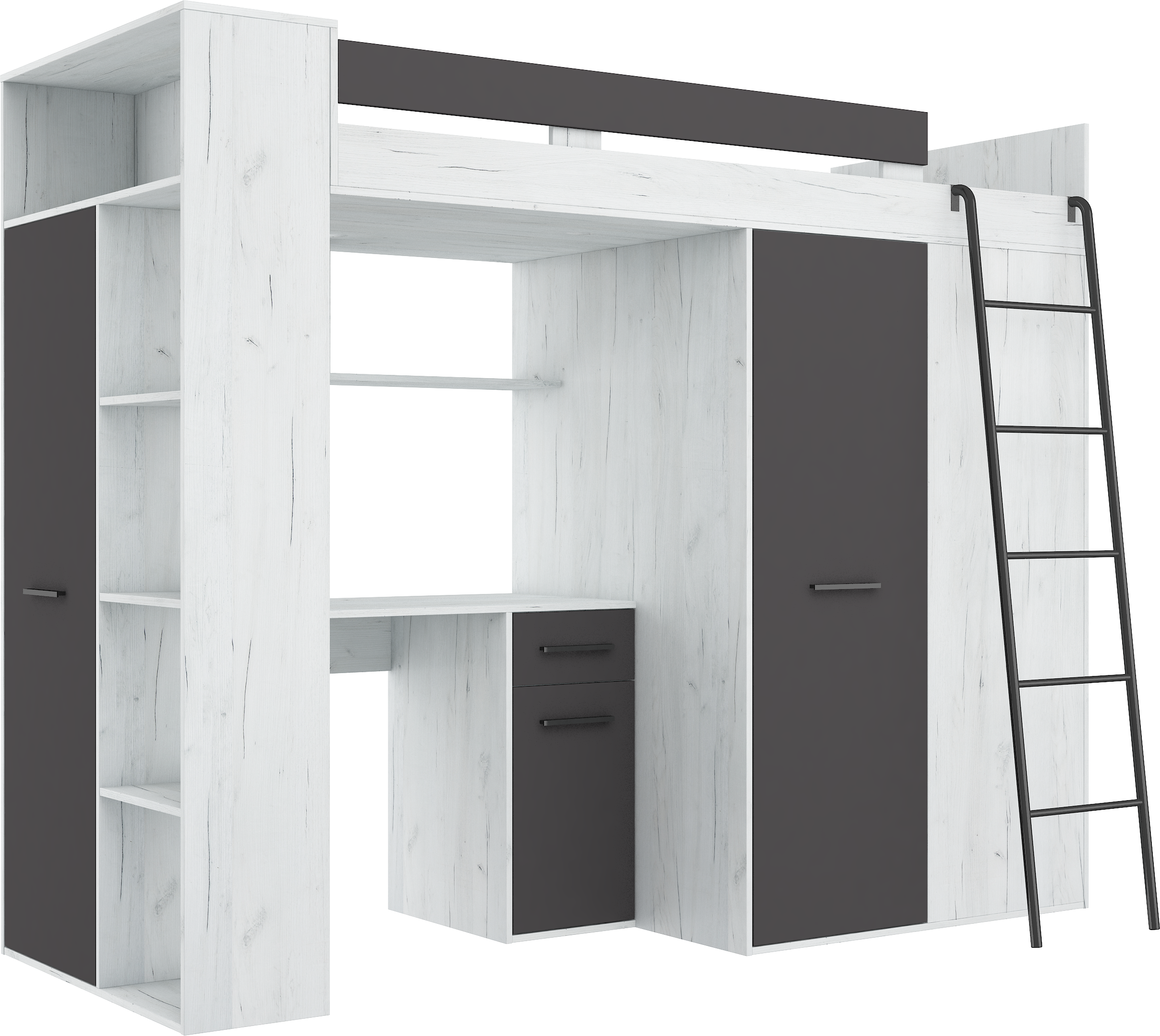 Etagenbett VER-P mit Leiter recht, Kleiderschrank, Schreibtisch und viele Regale