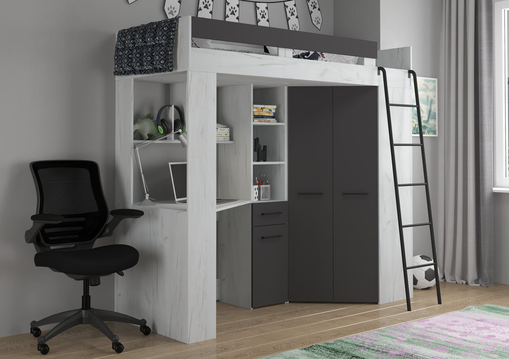 Etagenbett FLO-P mit Leiter Rechts, Eckkleiderschrank und Schreibtisch