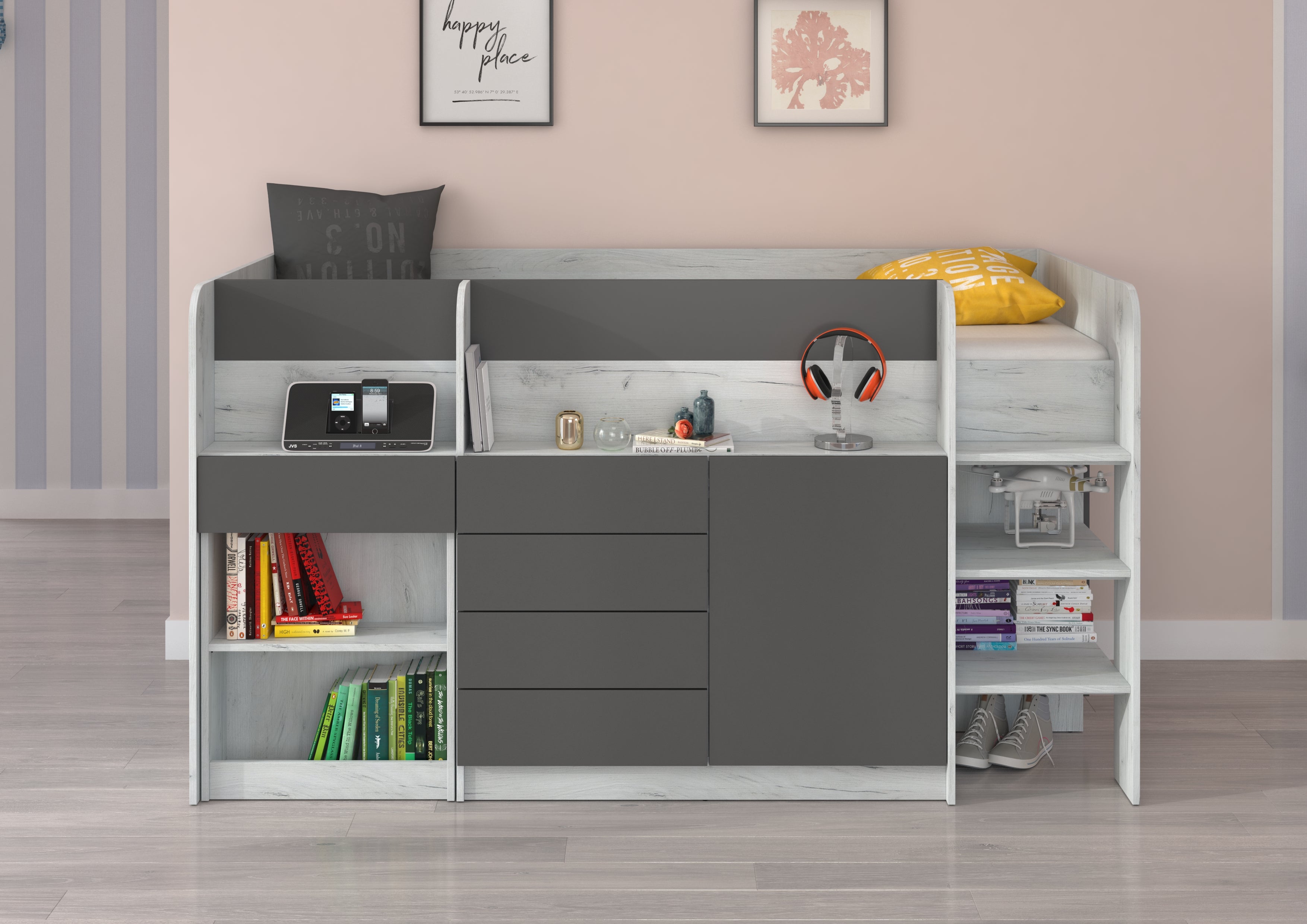 Etagenbett SMI-P mit Treppe rechts, Ausziehbarer Schreibtisch und kleiner Schrank