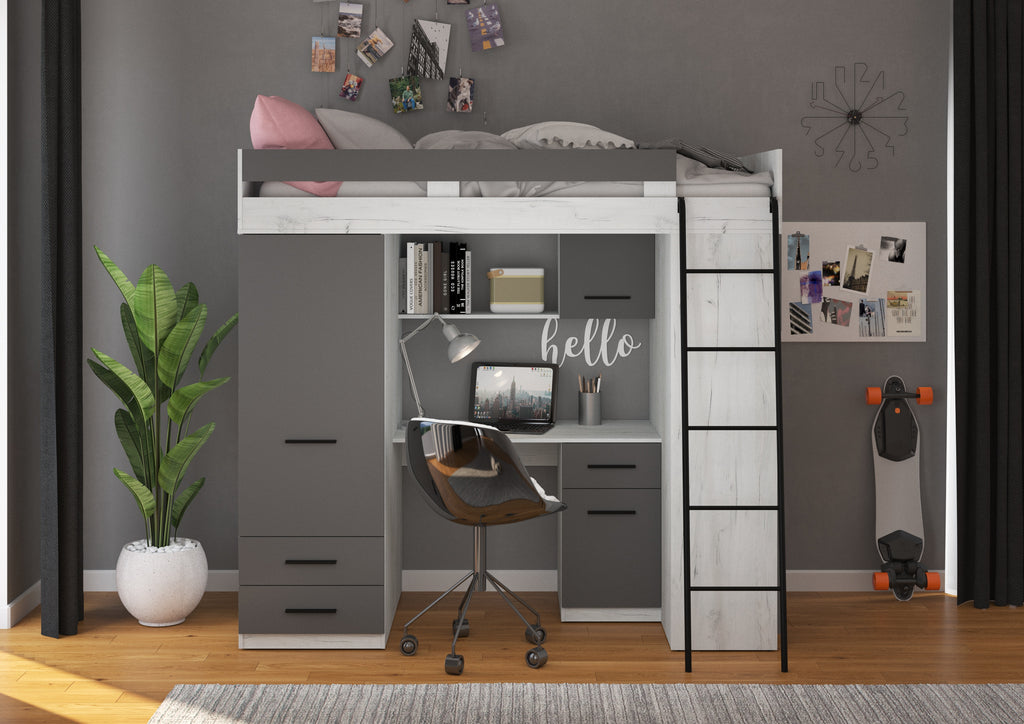 Etagenbett LEV-P mit Leiter rechts, Kleiderschrank, Schreibtisch und viele Regale