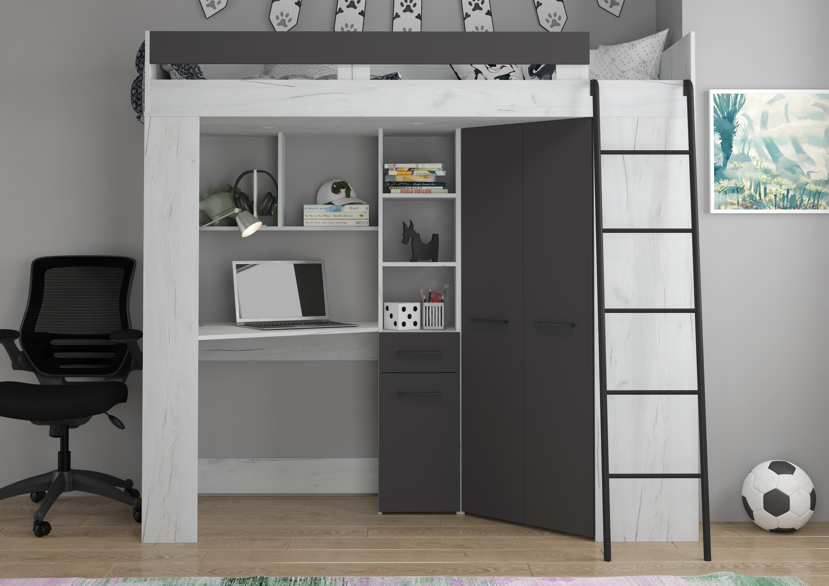 Etagenbett FLO-P mit Leiter Rechts, Eckkleiderschrank und Schreibtisch