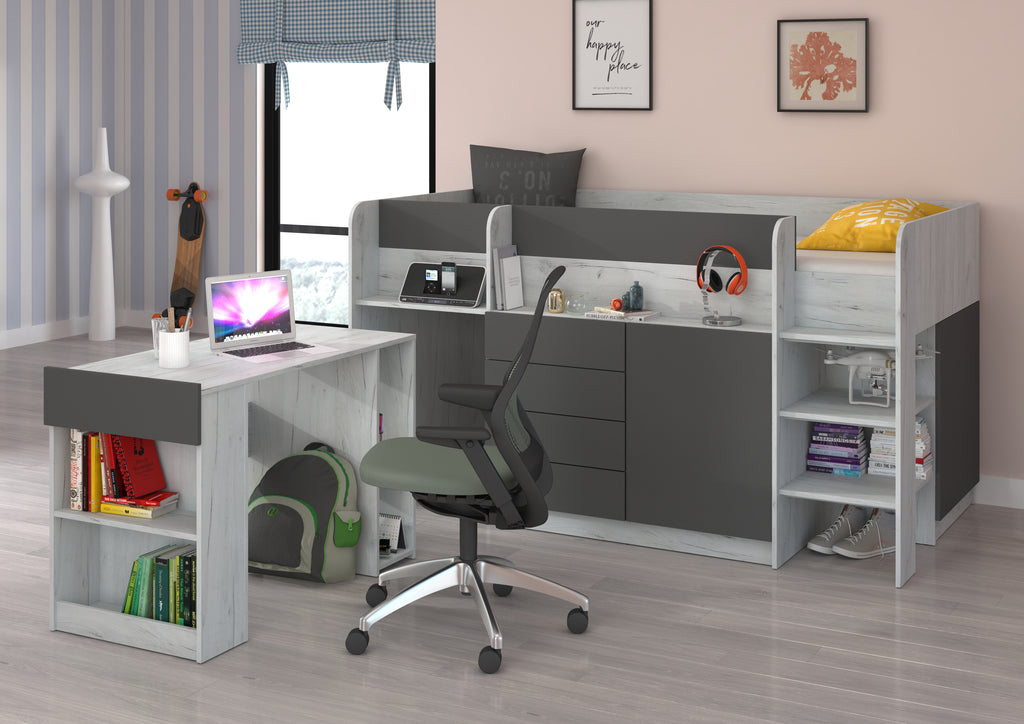 Etagenbett SMI-P mit Treppe rechts, Ausziehbarer Schreibtisch und kleiner Schrank